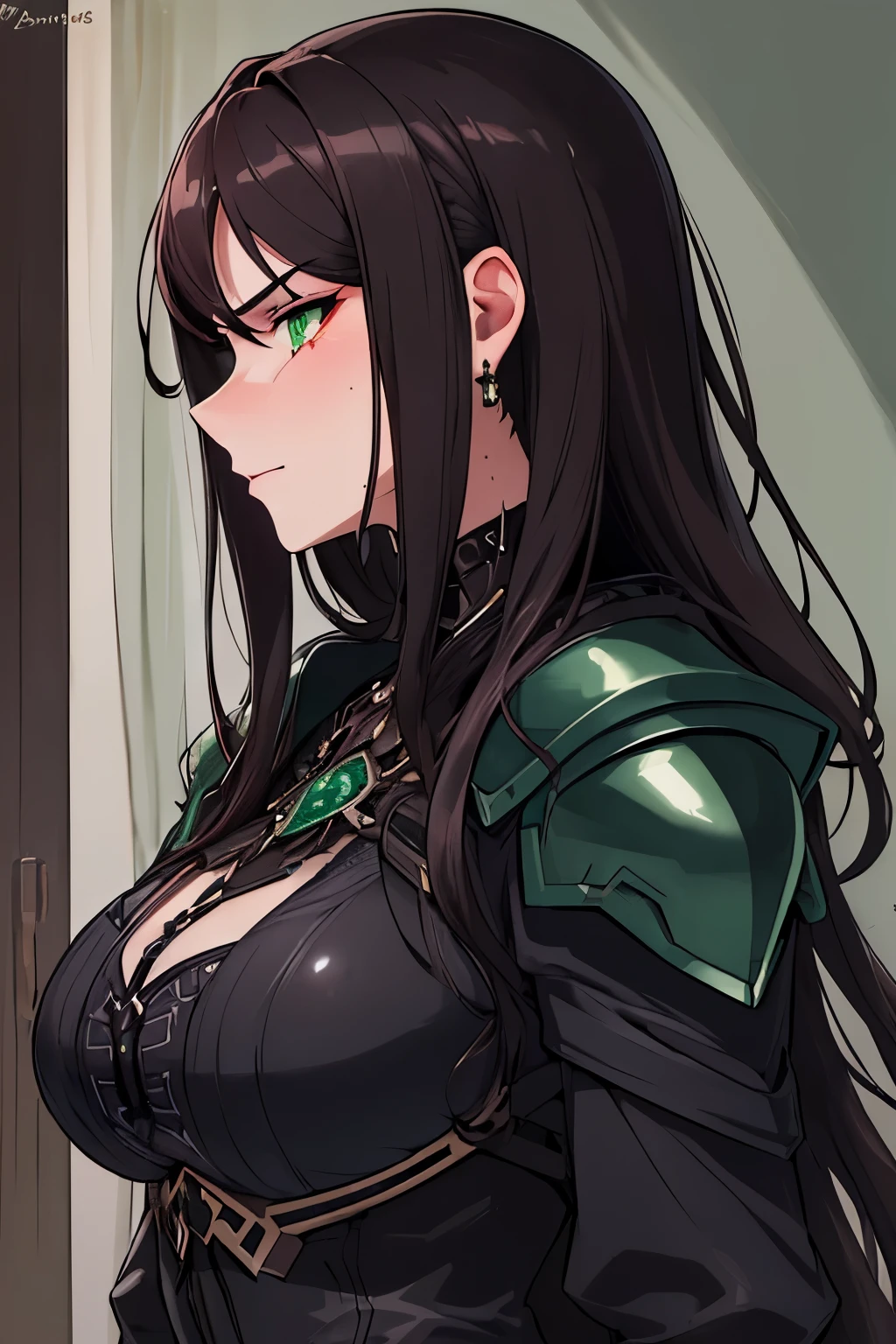 ((masterpiece)), ((best quality)), 1girl, adult, big bust, ((dark hair)), ((intimidant look)), ((close-up)), profile image, black clothes, sexy, dark colors, green eyes, full body, armored