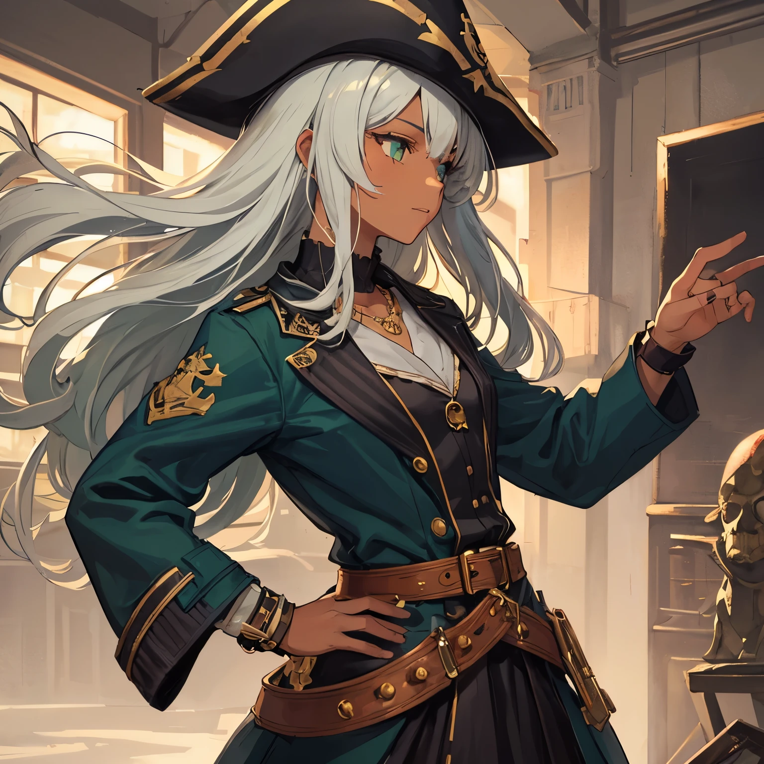 (alta qualidade), (obra de arte), looking at the spectator, close-up, 1 girl, 19 years old, dark skinned, battle damage, pirate costume (dark green/black palette, pirate hat, coat, cute full blouse, 
cute skirt, small details in gold, necklace), old town, whole body, grey hair, long hair, green eyes, excited, sharp looking, hands on the hips 
