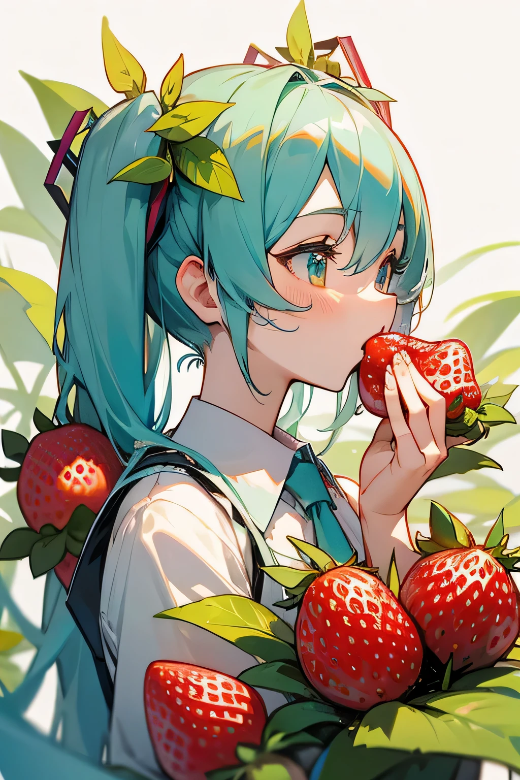 Miku mange des fleurs, she is surrounded by lush strawberry flowers