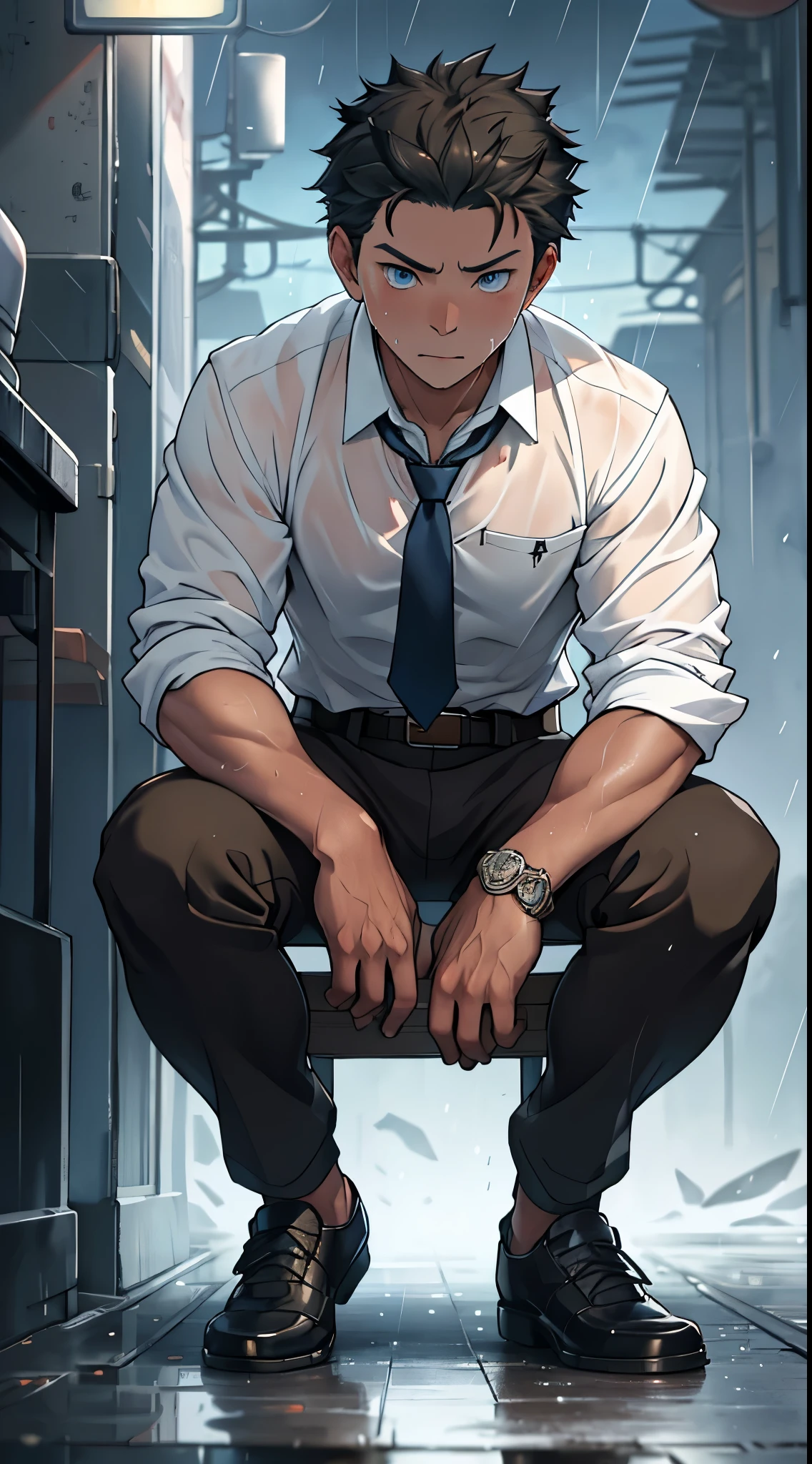 (1 adult male),high resolution, sharp focus, Pixiv masterpiece, ((intricate details)), Very detailed, Natsuki_Subaru, 1 person,sit astride,Close-up of the crotch,crotch view, lazy,Full body female love, blue eyes(eyes glow), short hair,White shirt,wear a tie,wear a belt,breath through,rain,Soaked,Sweating in the crotch,looking from bottom to top