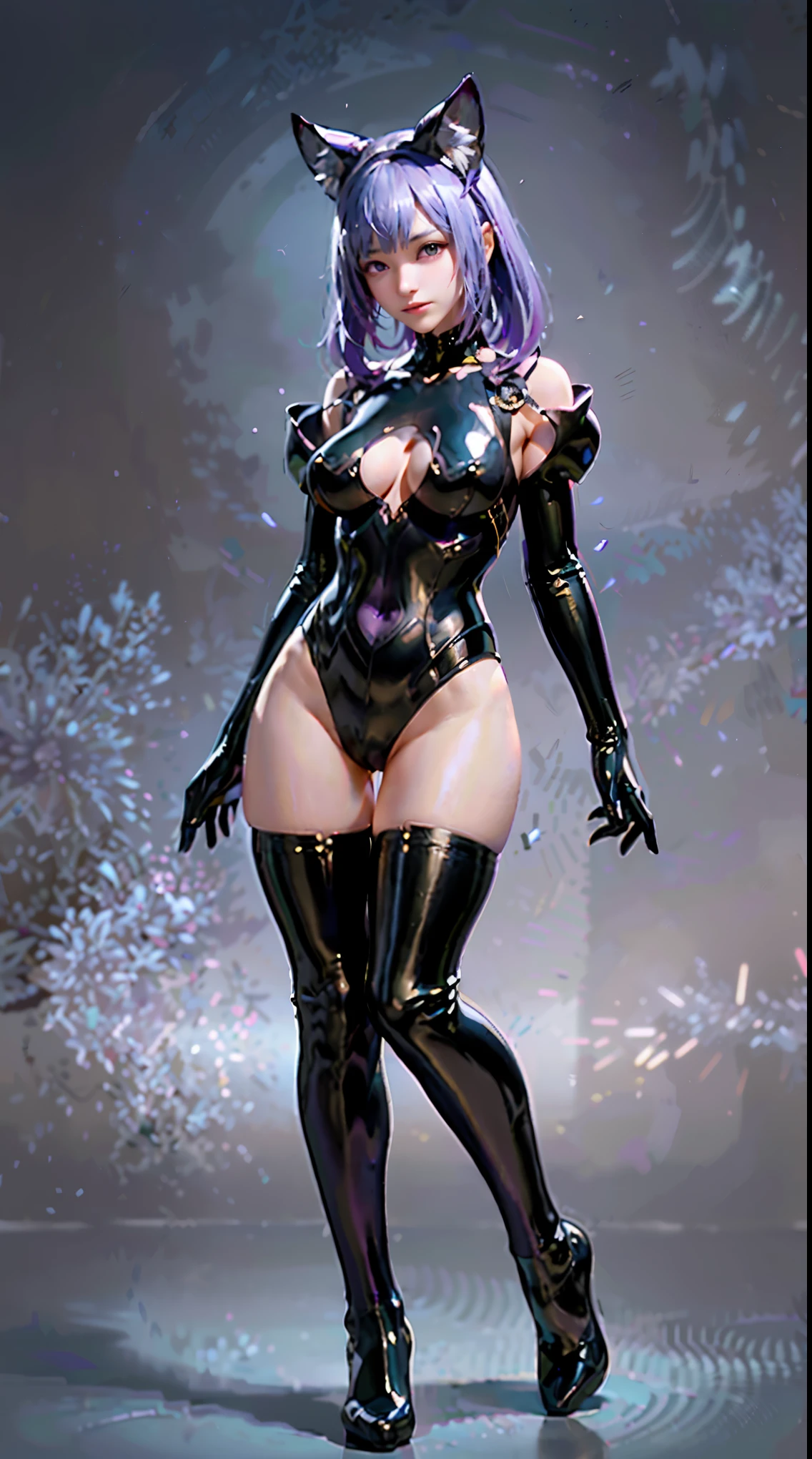 shiny紫色の猫のスーツを着て床に座っているアラリン, ラテックスshiny, Atsuko Kudo wearing latex costume, wearing a tight suit, smooth purple skin, purple body, shinyメタリックなshiny肌, shinyプラスチック, 未来的なshinyラテックススーツ, shinyプラスチック armor, Glossy skin, tight full body suit, wearing latex, shinyメタリックな, shining purple, shiny　open leg shaped legs　angry expression　Bad mood