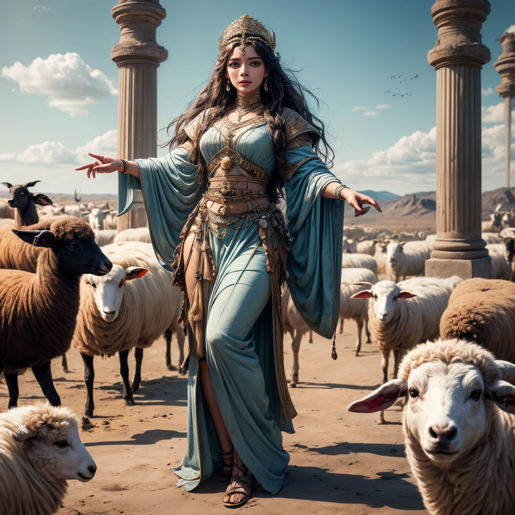 (best quality,4k,8k,highres,masterpiece:1.2),ultra-detailed, Sumerian Goddess Lahar, pr1y4nk4, dressed in shepherd's robes, watching over the sheep, drawn in the style of Yoshitaka Amano, HDR, 8k, absurdres, cinestill 800, sharp focus, add_detail:3