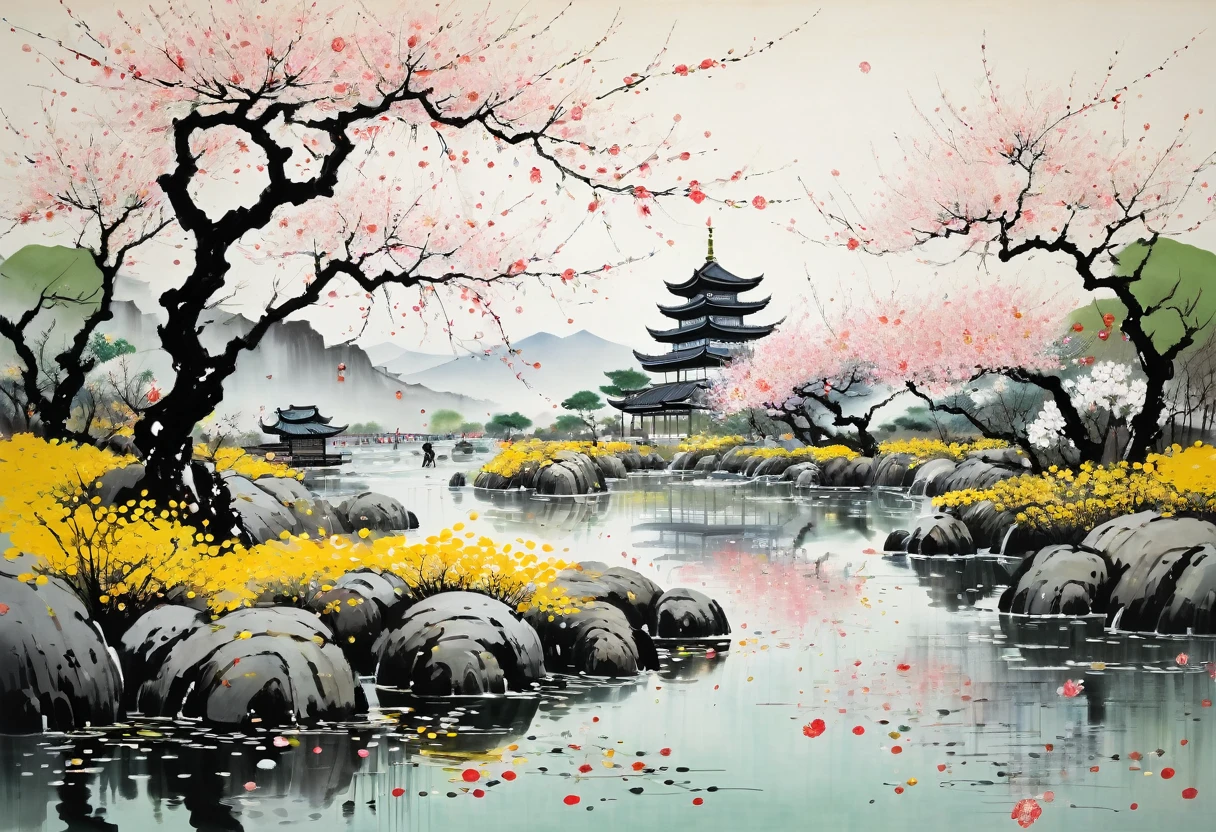 Wu Guanzhong paints a picture, the painting depicts a a Japanese garden, the petals of the Japanese cherry tree dance in the wind, full compliance with the style of Wu Guanzhong, combining traditional Chinese ink painting techniques with Western painting concepts, unique visual effects using color and lines.