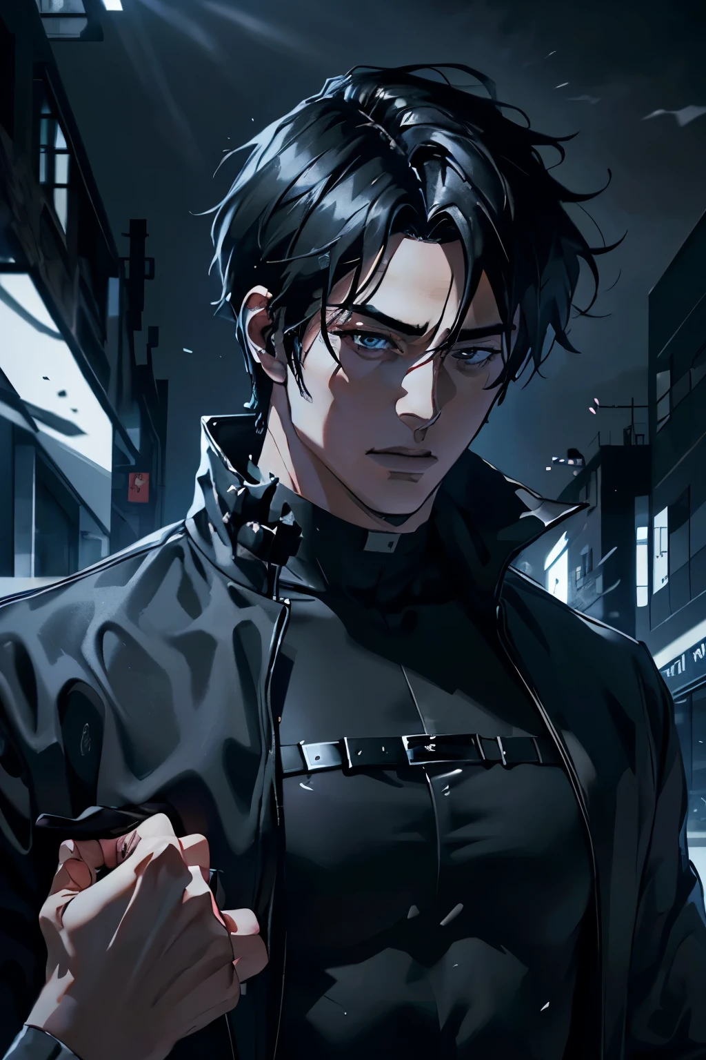 (best quality detailed image beautiful image 8K photorealistic dramatic lighting 1:1) (digital art digital illustration) (camera focused on face) (cold colors dim lighting) Art Manhwa 29 year old man very handsome black hair black clothes black eyes (piercing gaze cold expression perfect face perfect lines) walking in a chaotic dystopia setting