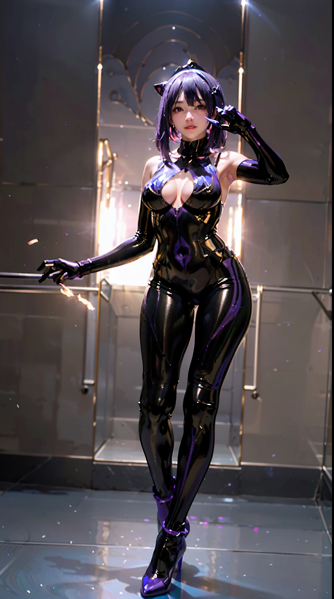 shiny紫色の猫のスーツを着て床に座っているアラリン, ラテックスshiny, Atsuko Kudo wearing latex costume, wearing a tight suit, smooth purple skin, purple body, shinyメタリックなshiny肌, shinyプラスチック, 未来的なshinyラテックススーツ, shinyプラスチック armor, Glossy skin, tight full body suit, wearing latex, shinyメタリックな, shining purple, shiny open leg shaped legs angry expression Bad mood
