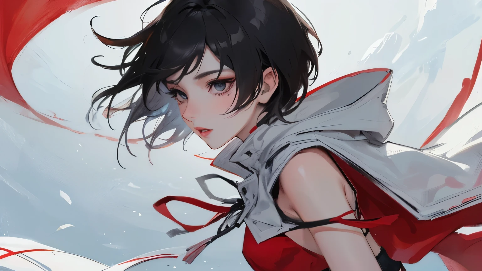 young girl　black hair　short hair　black eye　irreverent face　look down　thin body　thin thighs　small breasts　small ass　toned body　blue sky　cloud　hair blowing in the wind　high quality　High resolution　8K　vampire　watercolor　natural feel　bridge of nose　martial arts　((最high quality)), ((masterpiece)), (become familiar with), dignified face　grassland　close up of face　Beautiful as a goddess　whole face　吹snow　snow　Wear against cold　hood　gloves　lipstick　eye shadow　Completely naked　ID photo style