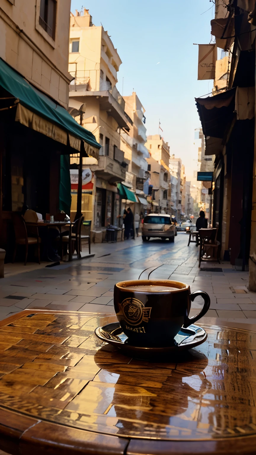 A cup of coffee on a table in the streets of Cairo, luxury ambiance, high-end vibes, (4k), (HDR), (ultra-detailed), (((realistic))), for Instagram story, vibrant colors, warm color tones, soft lighting, day time