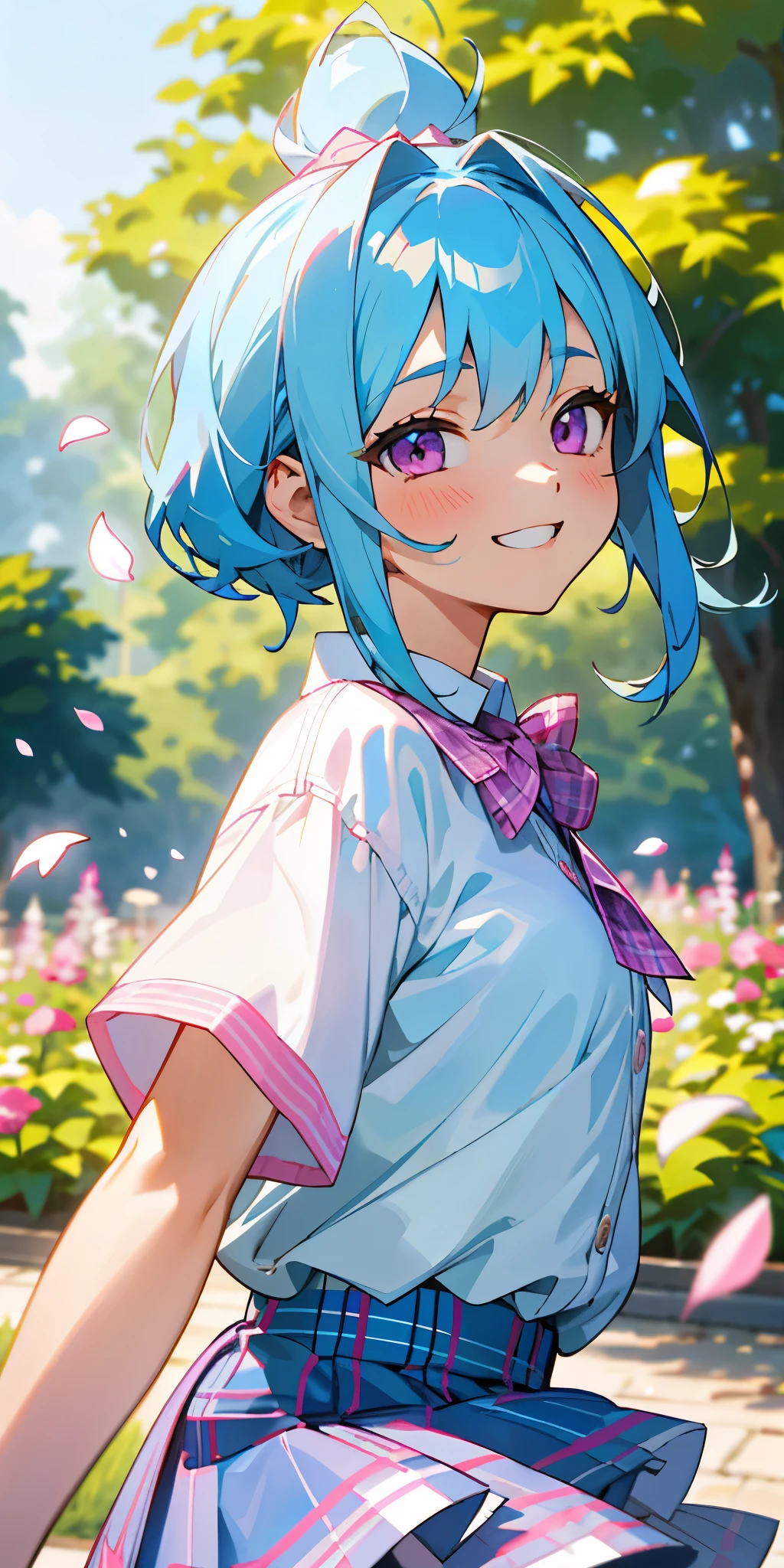 *********** girl、light blue hair、pink eyes、small breasts、From the side、large amount of acorns、white blouse shirt、plaid mini skirt、upper body close-up、The scenery in the background is a garden with dancing petals.、grin、From the side、painterly、sharp outline