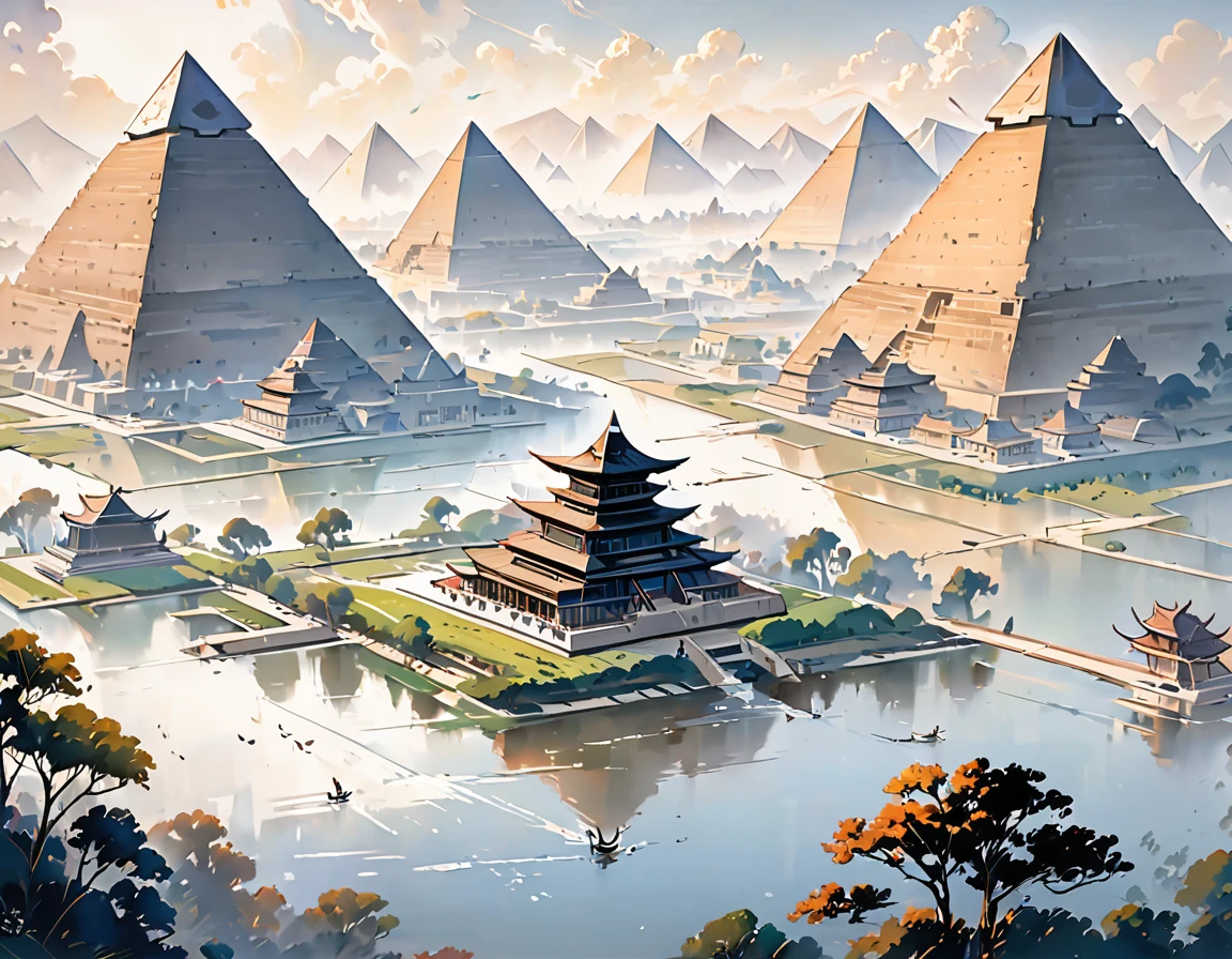 In this artistic endeavor, merge the traditional Chinese ink wash technique with the stylistic elements of Wu Guanzhong, harmonizing them with the iconic silhouette of the Egyptian pyramids. Embrace the fluidity and expressiveness of Chinese ink painting, capturing the essence of the ancient structures with bold brushstrokes and dynamic composition. Incorporate Western painting concepts such as perspective and light to add depth and realism to the scene, enhancing the majestic presence of the pyramids. Focus on capturing the timeless allure and enigmatic beauty of these architectural wonders, infusing them with a sense of poetic tranquility and cultural resonance. Let the synthesis of Eastern and Western influences create a captivating visual narrative that transcends cultural boundaries and celebrates the universal appeal of artistic expression.