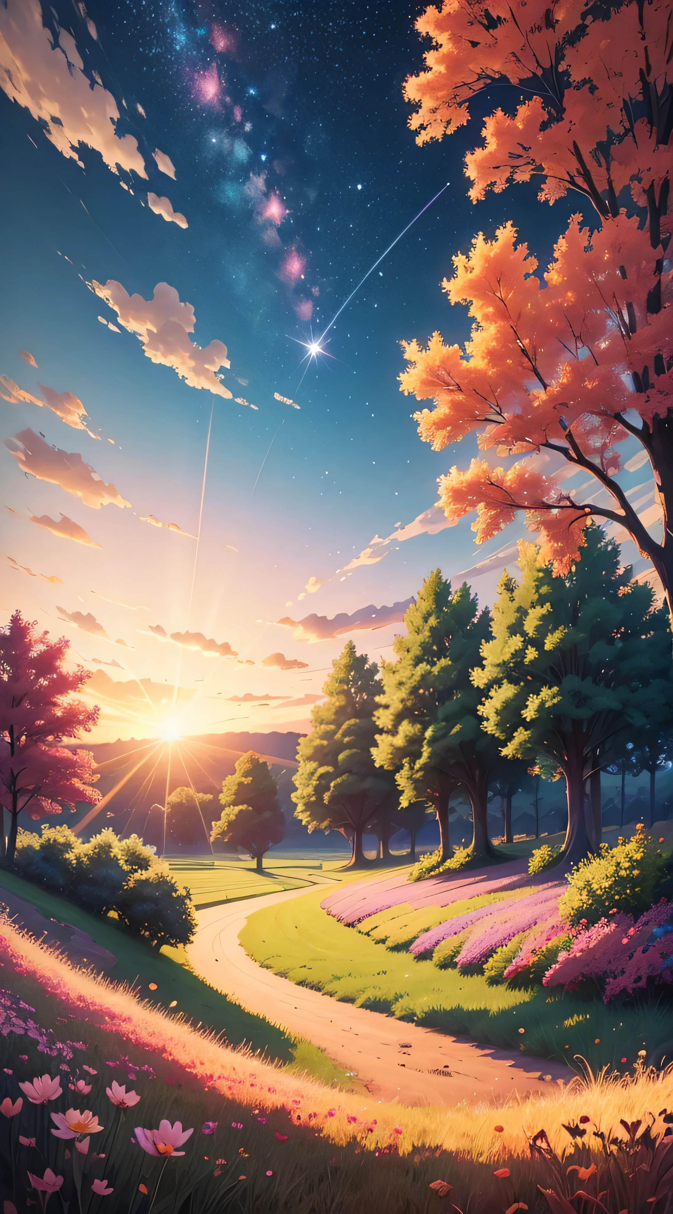 Anime style, colourful field and a tree, a beautiful sky,dawn,stars, clouds,8k ultra HD, flowers, falling leaves
