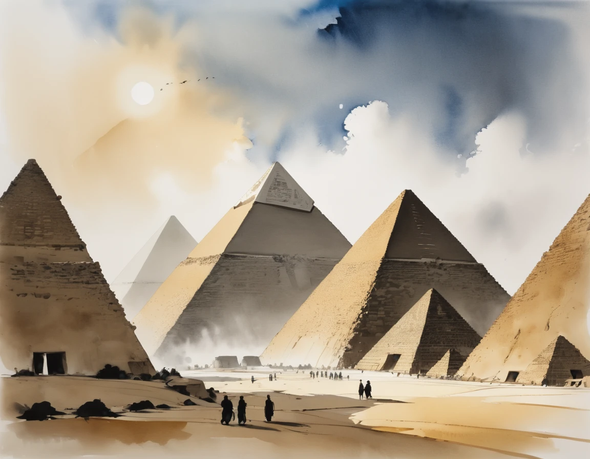 In this artistic endeavor, merge the traditional Chinese ink wash technique with the stylistic elements of Wu Guanzhong, harmonizing them with the iconic silhouette of the Egyptian pyramids. Embrace the fluidity and expressiveness of Chinese ink painting, capturing the essence of the ancient structures with bold brushstrokes and dynamic composition. Incorporate Western painting concepts such as perspective and light to add depth and realism to the scene, enhancing the majestic presence of the pyramids. Focus on capturing the timeless allure and enigmatic beauty of these architectural wonders, infusing them with a sense of poetic tranquility and cultural resonance. Let the synthesis of Eastern and Western influences create a captivating visual narrative that transcends cultural boundaries and celebrates the universal appeal of artistic expression.