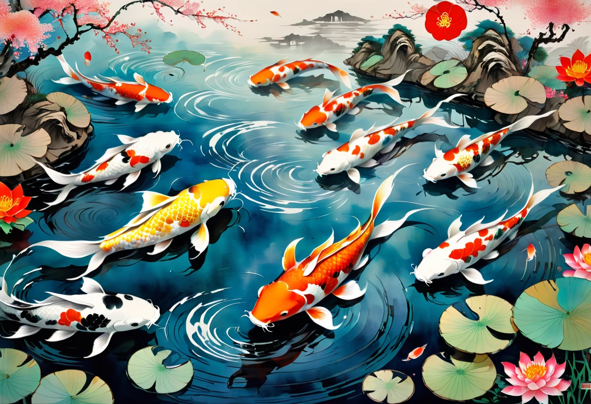 Wu Guanzhong paints a picture, the painting depicts a koi fish, swimming in a Japanese pond, full compliance with the style of Wu Guanzhong, combining traditional Chinese ink painting techniques with Western painting concepts, unique visual effects using color and lines.