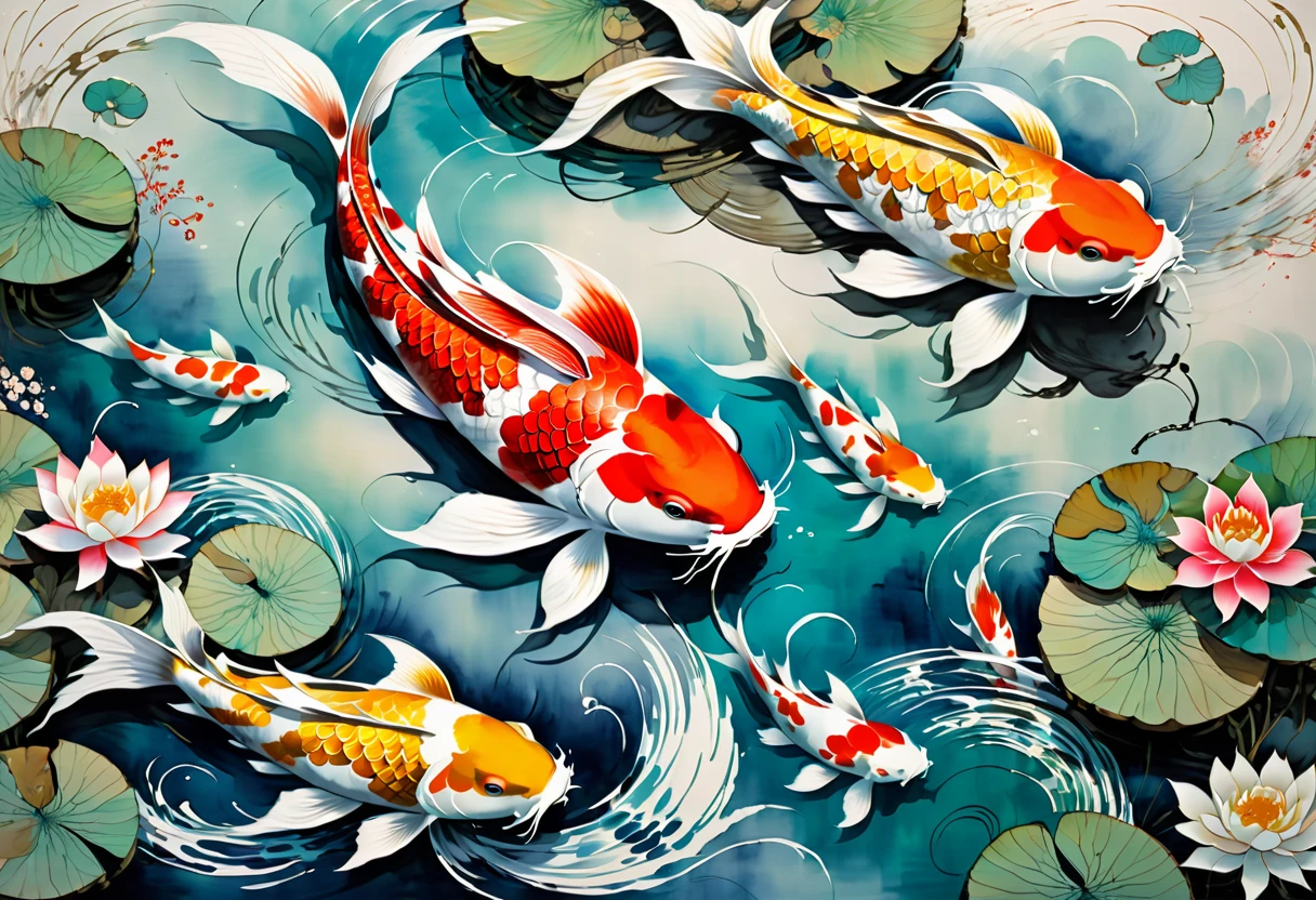 Wu Guanzhong paints a picture, the painting depicts a koi fish, swimming in a Japanese pond, full compliance with the style of Wu Guanzhong, combining traditional Chinese ink painting techniques with Western painting concepts, unique visual effects using color and lines.