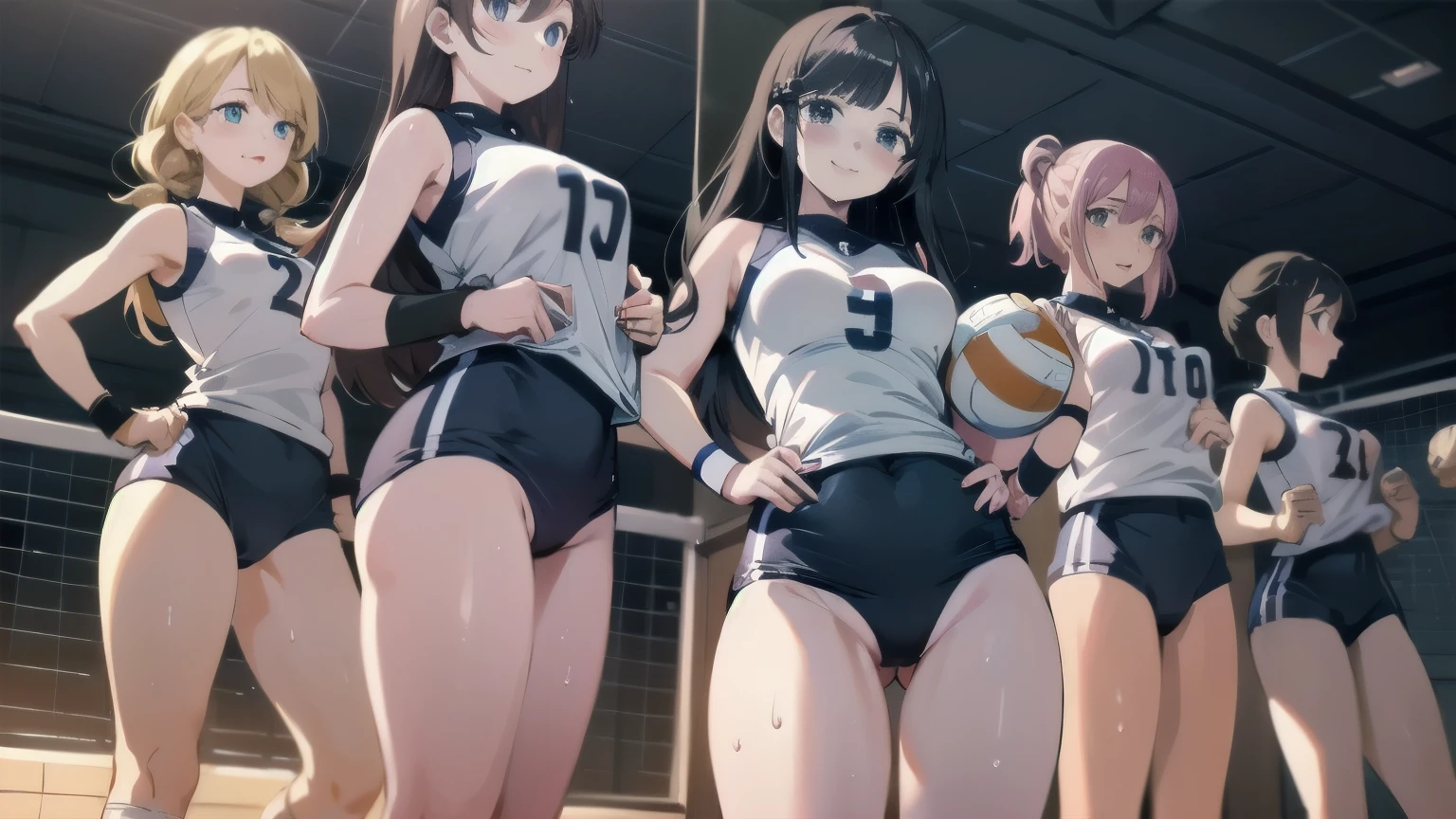 unity 8k wallpaper, anatomically correct, (((masterpiece))), (((best quality))), (((ultra detailed))), (((high-resolution))), ((super fine illustration)), ((Ultimate cutie)), ((detailed beautiful face)), perfect hands, perfect finger, (((good anatomy))), BREAK, multiple girls, lovingly gaze, harem, group picture, , (potbelly), (Curve), medium breasts, ((thick thighs)), Shiny hair, (((coquettish smile))), (((blush))), BREAK, Adidas, Sleeveless collared Volleyball Uniforms, ((wristbands)), BREAK, (Hold the beautiful spherical 6-inch volleyball), ((Sweat)), (perspired), (Heavy breathing), in gymnasium, in volleyball court, depth of field, strong light, cowboy shot,,
