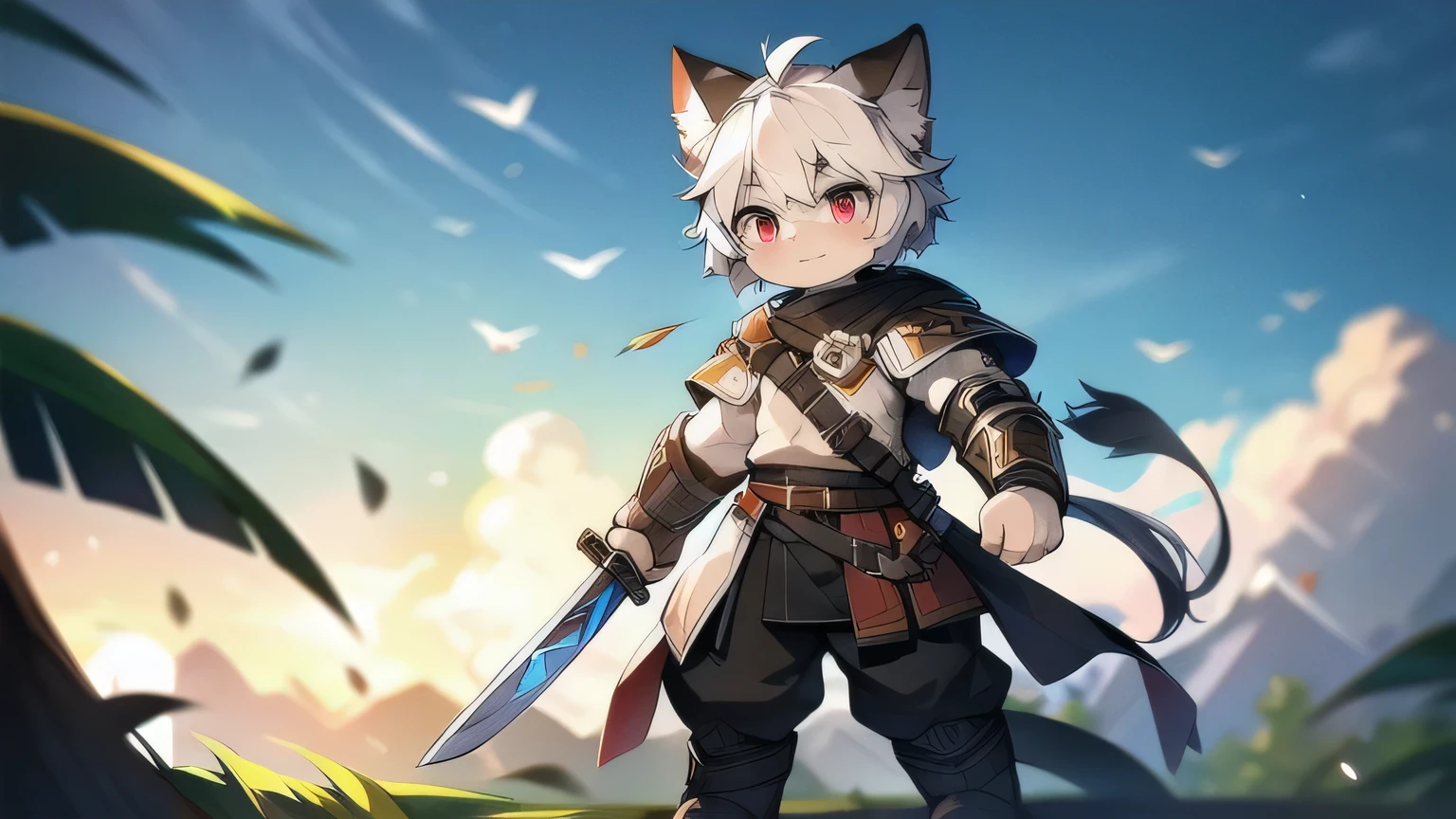 male cat，white hair，red pupils，white hair，Mature boy，medieval armor set，hairy，war，Handsome，masterpiece，soft lines，wind element，the only person，full body portrait，Arknights style，Hands are very thin，long knife，Combat stance