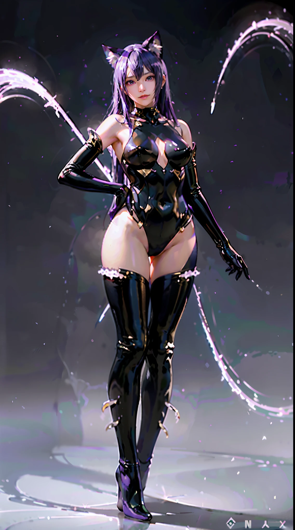 shiny紫色の猫のスーツを着て床に座っているアラリン, ラテックスshiny, Atsuko Kudo wearing latex costume, wearing a tight suit, smooth purple skin, purple body, shinyメタリックなshiny肌, shinyプラスチック, 未来的なshinyラテックススーツ, shinyプラスチック armor, Glossy skin, tight full body suit, wearing latex, shinyメタリックな, shining purple, shiny open leg shaped legs angry expression Bad mood