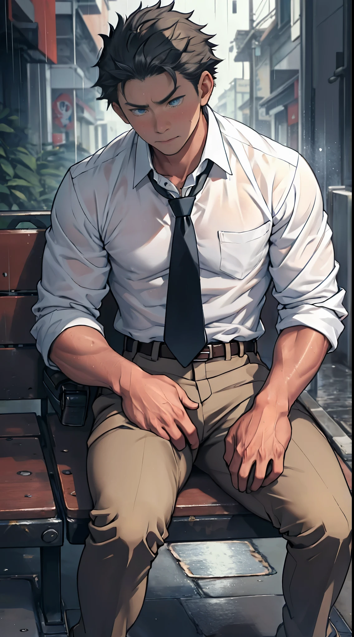 （1 adult male），high resolution， sharp focus， Pixiv masterpiece， （（intricate details））， Very detailed， Natsuki_Subaru， 1 person，sit astride，Close-up of the crotch，crotch view， lazy，Full body female love， blue eyes（eyes glow）， short hair，White shirt，wear a tie，wear a belt，breath through，rain，Soaked，Sweating in the crotch，looking from bottom to top