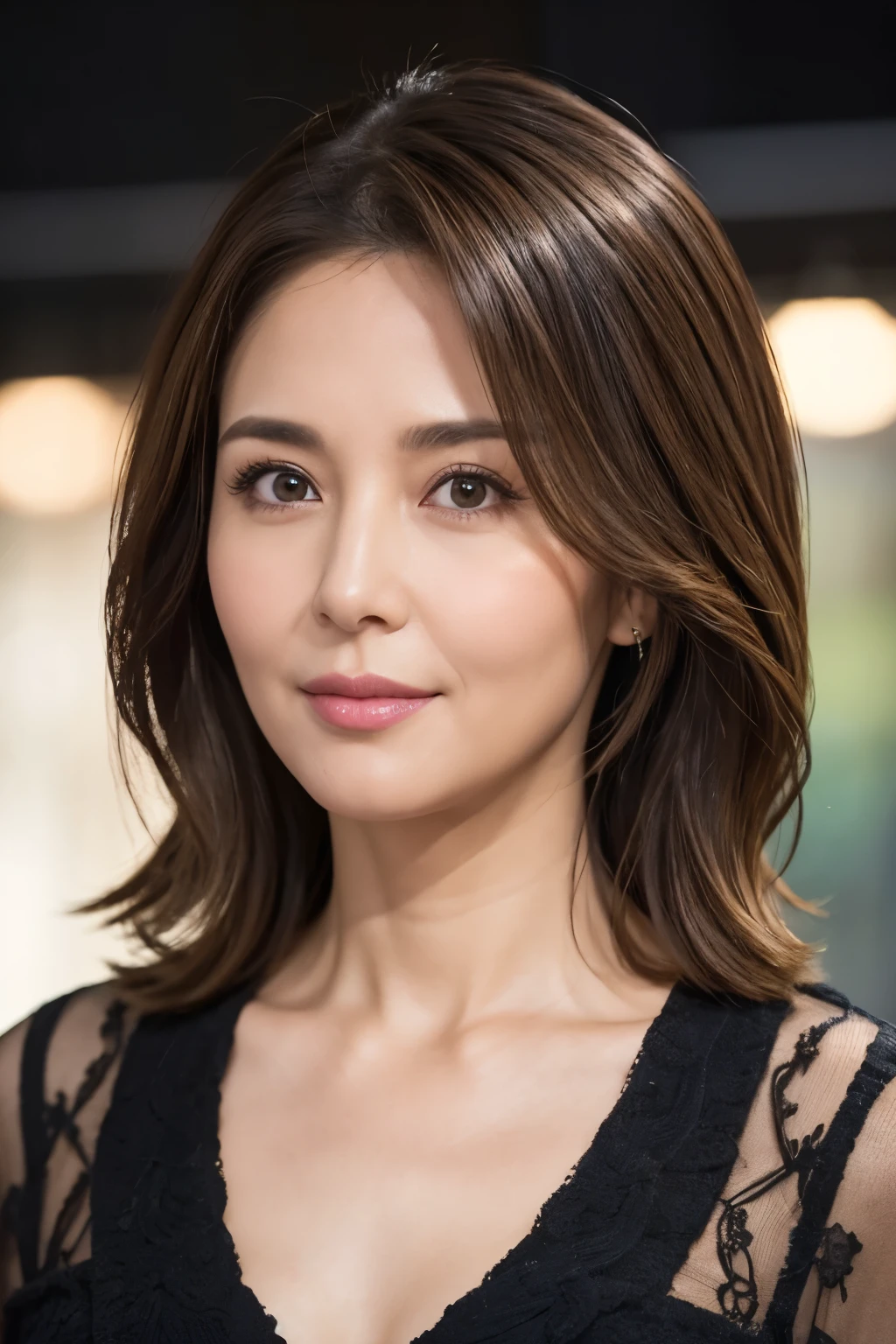 8K, Super detailed, masterpiece, highest quality, Photoreal, detailed face, detailed eyes, 40 year old woman, 1 person, cute face, The lower lip is thick and plump, facing the front, ((view audience)), gorgeous hairstyle, thin clothes, small and well-shaped bust