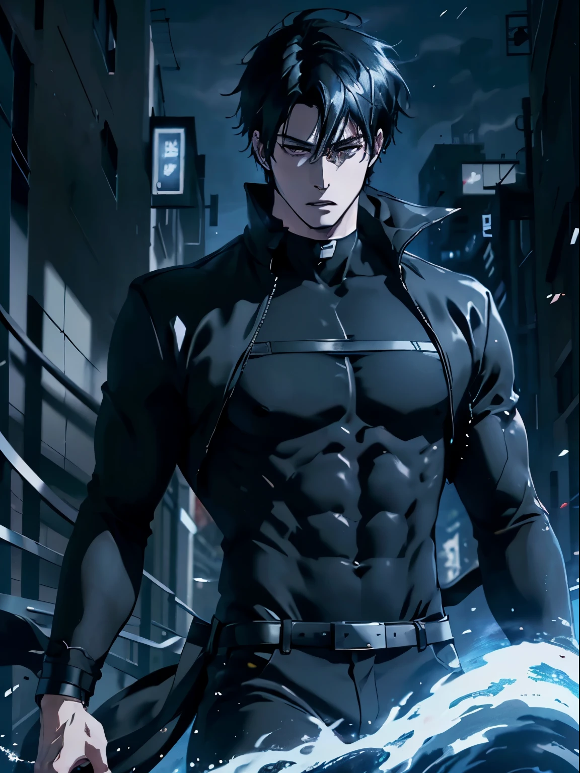 (best quality detailed image beautiful image 8K photorealistic dramatic lighting 1:1) (digital art digital illustration) (focus on face) (cold colors dim lighting) Art Manhwa very handsome 29 year old man black hair black clothes in movement (distant expression eyes black men perfect face (perfect lines) (athletic body) walking in a chaotic dystopia setting