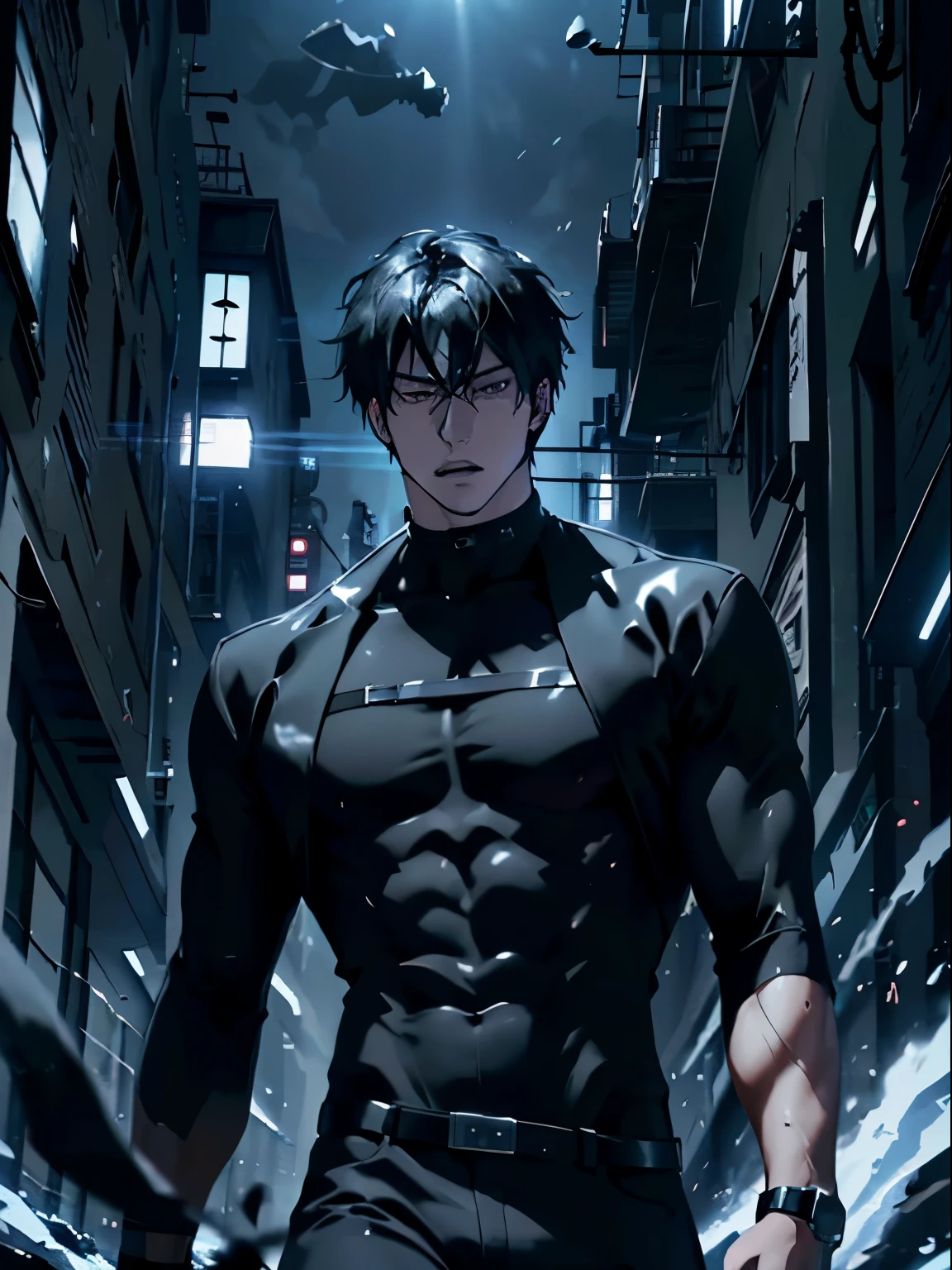 (best quality detailed image beautiful image 8K photorealistic dramatic lighting 1:1) (digital art digital illustration) (focus on face) (cold colors dim lighting) Art Manhwa very handsome 29 year old man black hair black clothes in movement (distant expression eyes black men perfect face (perfect lines) (athletic body) walking in a chaotic dystopia setting