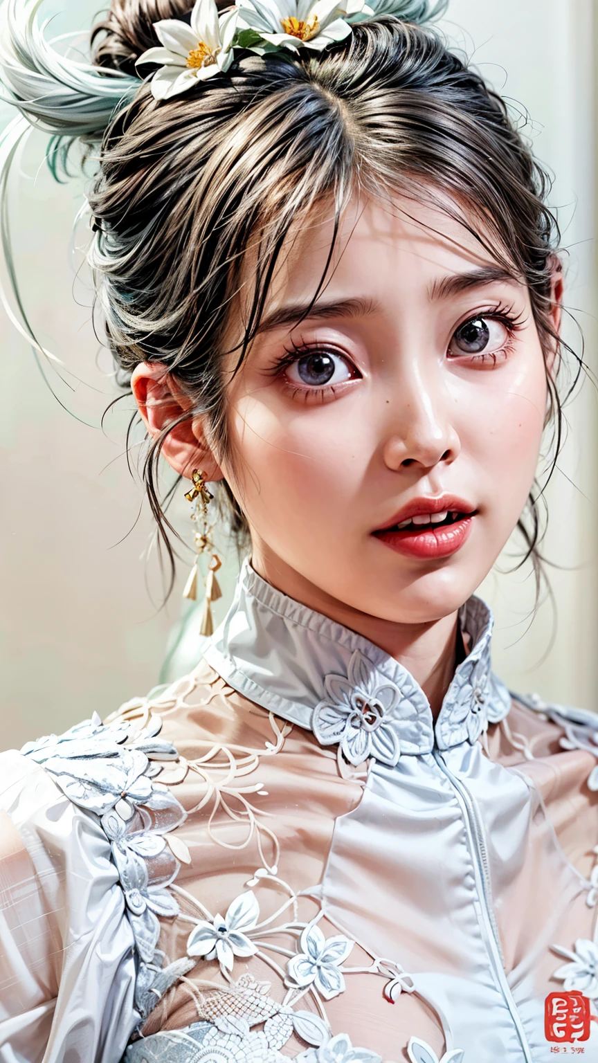 a close up of a woman with a white dress and a tiable, ruan jia beautiful!, Chinese style, shaxi, young cute wan asian face, Inspired by Huang Ji, tzuyu from twice, cute delicate face, Chinese girl, gorgeous chinese models, beautiful light big eyes, Chinese traditional, Realistic. Cheng Yi, Cheongsam, wan adorable korean face