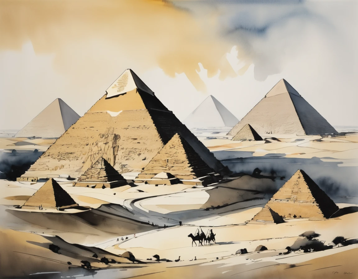 A captivating fusion of Chinese ink wash technique and the stylistic elements of Wu Guanzhong. The iconic silhouette of the Egyptian pyramids is rendered with harmonious fluidity and expressiveness, capturing the essence of these ancient structures. The painting incorporates Western painting concepts like perspective and light, adding depth and realism to the scene. The final result is a mesmerizing visual narrative that transcends cultural boundaries and celebrates the universal appeal of artistic expression.