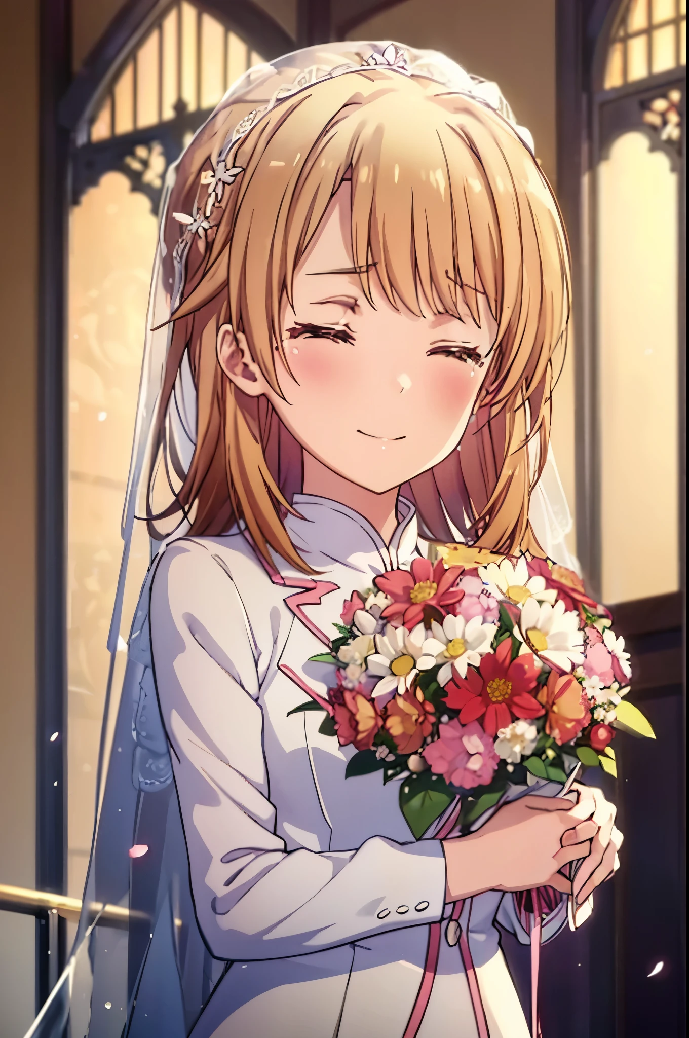 irohaisshiki, iroha isshiki, long hair, brown hair, open your mouth,smile,happy atmosphere,crying with both eyes closed,tears run down her face,Crying with joy,blush,smile, Wedding dress,veil,Wedding Skirts,bouquet,bouquetトス,holding a large bouquet of flowers in both hands,So that the whole body goes into the illustration,Hanabubuki,wedding style, break indoors, church,chapel,
break (masterpiece:1.2), highest quality, High resolution, unity 8k wallpaper, (figure:0.8), (highly detailed face, perfect lighting, Very detailed CG, (perfect hands, perfect anatomy),