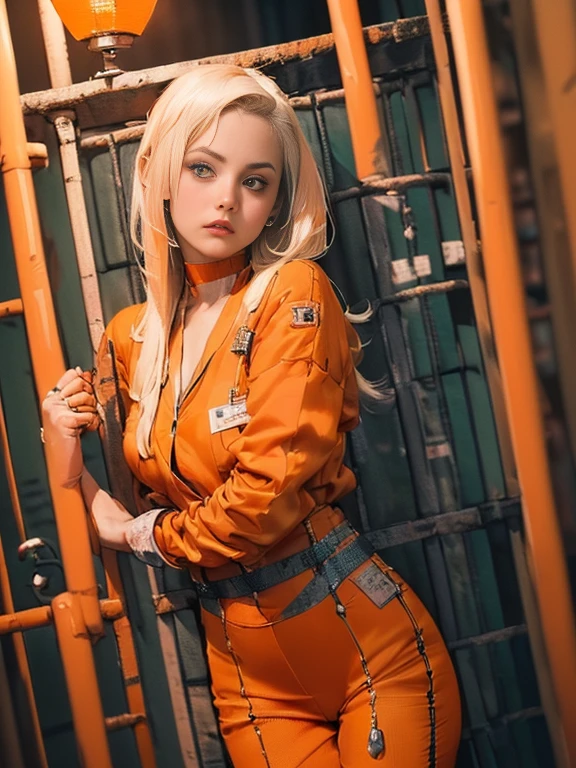 (best quality, 8k, highres, photorealistic:2.0), (solo, one girl:2.0),(lighting: front),(lighting: strong),(ultimate beautiful girl:2.0),(shiny skin),(oily skin),(platinum blonde hair:1.3),(straight long hair:2.0),Blush brown makeup , dark eye makeup , use pink glossy lipstick,(big beady eyes girl:1.5),(thin girl:1.5),(baby face girl),(Photographed at a serious criminal prison:1.8),(Wearing tight orange prison uniform:2.0),(she is a prisoner),(sex appeal:1.3),(Girl serving time for robbery and murder:1.5),(Girl who is a long-term prisoner:1.5),(A girl who was the leader of a group of robbers),(The girl is a dishonest prisoner)
