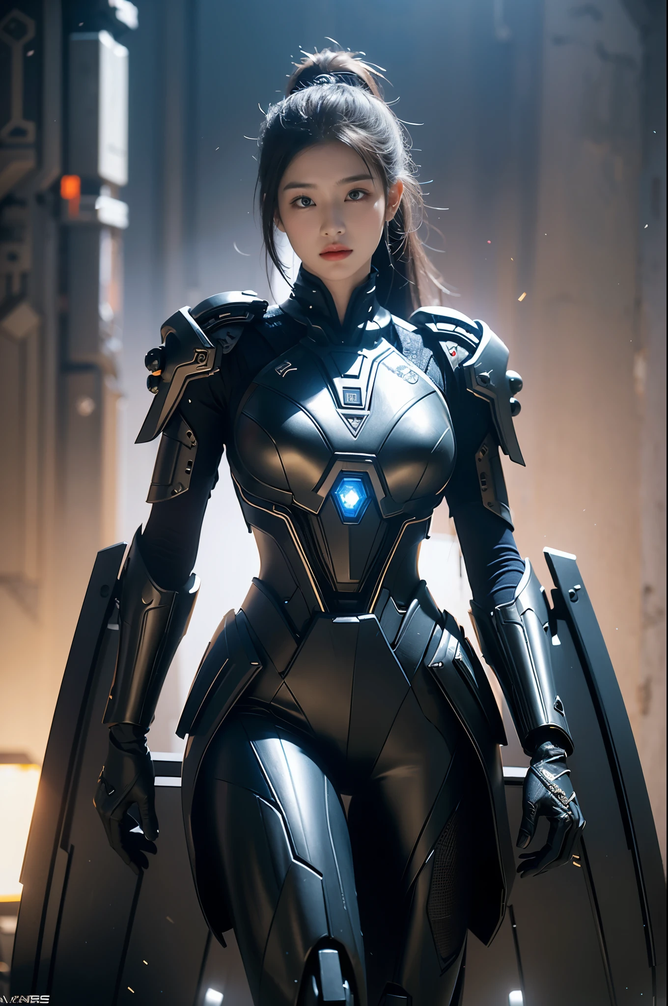 game art，best picture quality，Highest resolution，8k，((A half-length photo))，((portrait))，(rule of thirds)，Unreal Engine 5 rendering works， (Future girl)，(female warrior)， 22-year-old young hacker)，(ancient oriental hairstyle)，(Beautiful eyes full of details)，(big breasts)，(eye shadow)，Elegant and charming，indifferent，((frown))，(A battle suit full of futuristic technology，The costume combines futuristic power armor and，Clothing is decorated with glittering patterns and emblems)，cyberpunk characters，in the style of futuristic， photo poses，city background，lamp，Ray tracing，Game CG，((3D Unreal Engine))，OC rendering reflection pattern