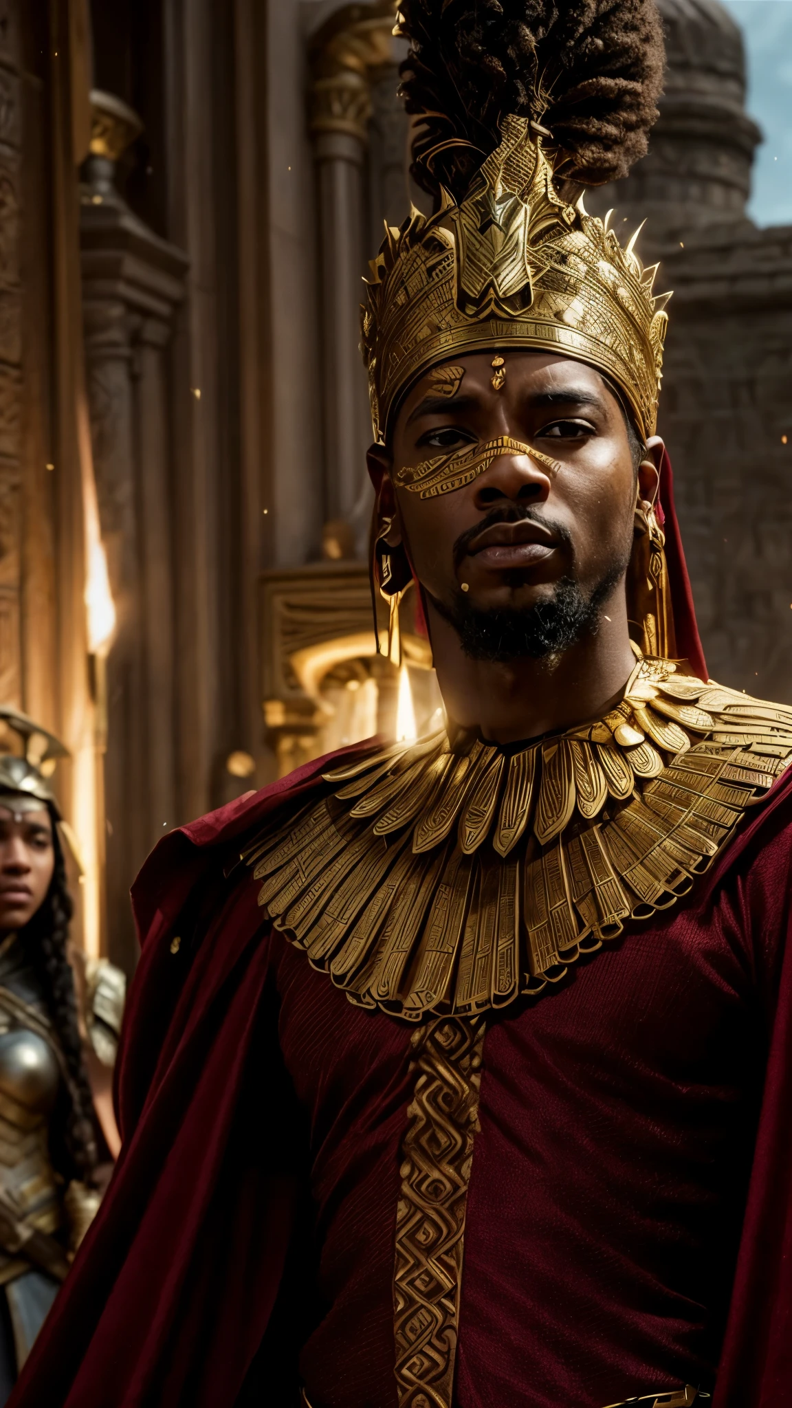 there is a man in a gold headdress and a man in a red shirt, brown skin man egyptian prince, wakanda, wakanda background, inspired by Rajmund Kanelba, ps5 cinematic screen capture, african mythology, man is with black skin, black panther, cgi 8k, kemetic, in screenshot from the 300 movie, ana de armas as joan of arc, still from a live action movie, biblical epic movie, imogen poots as a holy warrior, scene from live action movie, still from a fantasy movie, film still of gal gadot, still from the movie, screenshot from a movie, film still dnd