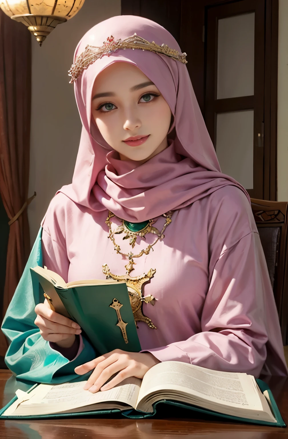 Islamic caftan dress outfit princess hyper realistic super detailed Dynamic, beautiful face, green eyes, pink geek, warm smile,full hijab on face , masterstroke, full islamic hijab,full islamic dress, siting in the room reading a holy book