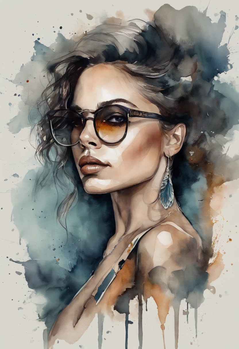 Girl in glasses showing off her body, lingerie preta de renda, lingerie com transparecia, sexy e detalhada, cabelos pretos e longos, fleshy lips, pele bonita, olhos negros, olhar sexy, garota segurando uma espada em pose de luta, garota bonita, paraguaia, medium and beautiful breasts, Athletic physique in shape, Estilo Espadachim, garota sexy, exibindo seios, exibindo ,  lisinha, Fantastic gold and black beams, tons de dourado, laranja e pastel, (papel de parede CG unity 8k extremamente detalhado), chaotic storm of intricate liquid smoke in the head, beleza estilizada retrato abstrato de corpo inteiro, pele molhada, por petros afshar, Tran Ross, Tom Baleia, Pedro Mohrbacher, Artgerm, shattered glass, ((bubbly underwater scenery)) Highly detailed octane radiant light rendering ((Evil Aesthetics))