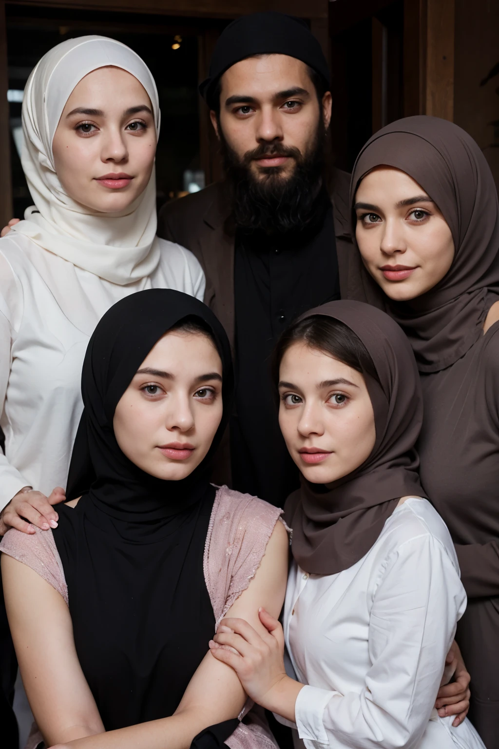 ((3 men), (3 women wear hijab)), extreme detail, masterpiece, 4k, gaming character, 3D character, proportional