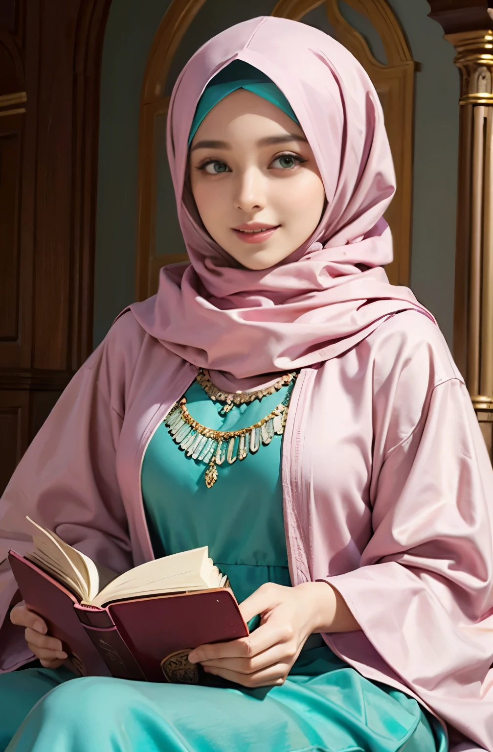 Islamic caftan dress outfit princess hyper realistic super detailed Dynamic, beautiful face, green eyes, pink geek, warm smile,full hijab on face , masterstroke, full islamic hijab,full islamic dress, siting in the room reading a holy book