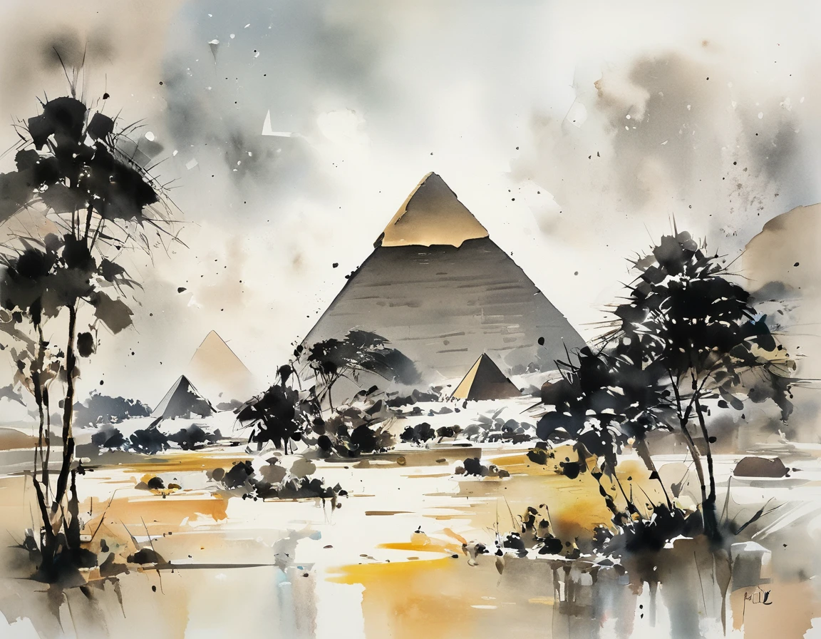 A captivating fusion of Chinese ink wash technique and the stylistic elements of Wu Guanzhong. The iconic silhouette of the Egyptian pyramids is rendered with harmonious fluidity and expressiveness, capturing the essence of these ancient structures. The painting incorporates Western painting concepts like perspective and light, adding depth and realism to the scene. The final result is a mesmerizing visual narrative that transcends cultural boundaries and celebrates the universal appeal of artistic expression.