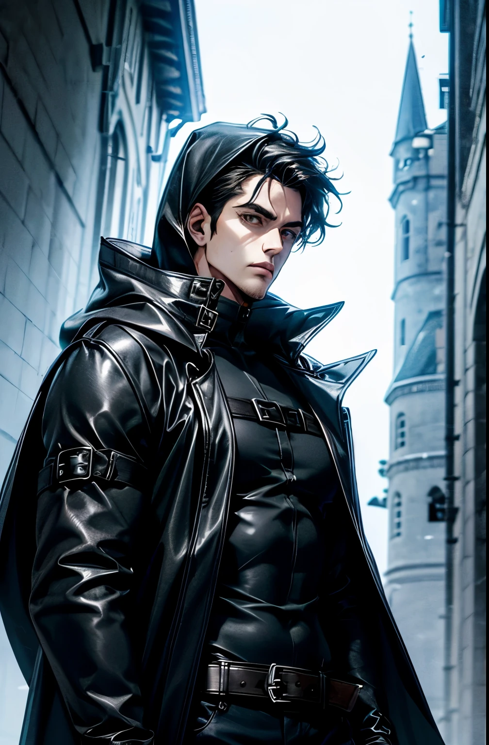 (absurderes, hight resolution, ultra-detailliert), 1 male, Adult, Handsome, High muscular face, broad shoulders, finely detailed eyes, Short black hair, Brown eyes, Black cloak, Wearing a hood, Leather Vest, Leather bag at waist........, 2 daggers on the belt, castle, Medieval atmosphere, Natural Light and Shadow, Bright particles fly around a person, Fantastic, Mysterious, Bright glow,  Seated Pose, Serious expression, Cold, thoughtful, Mouth Shut