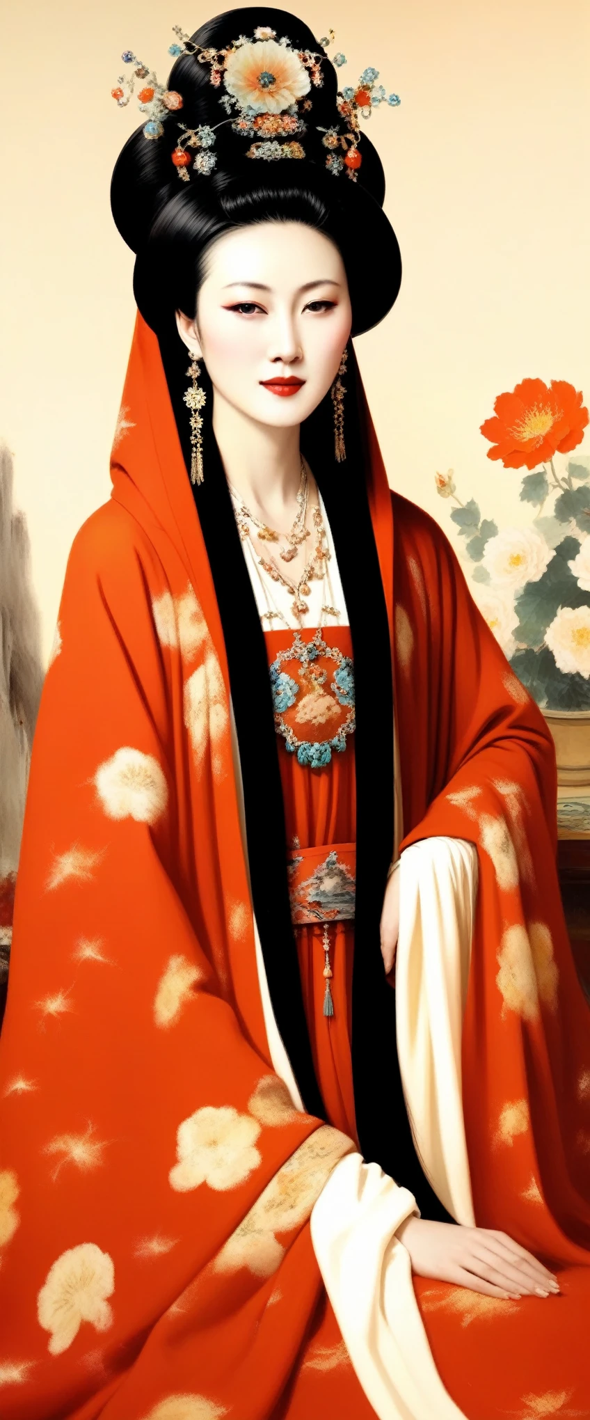 Wu Guanzhong,Beauty Queen Zhaojun of Han Dynasty, China,portrait,winter hooded cloak,ermine,Chinese lute,