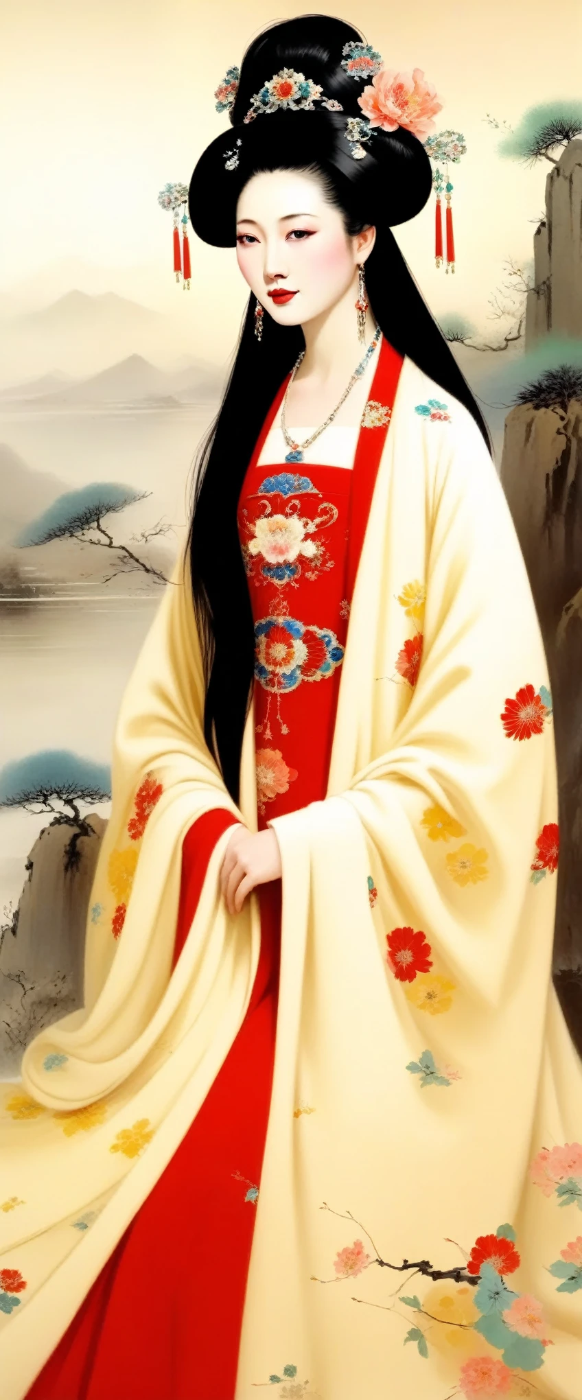 Wu Guanzhong，Beauty Queen Zhaojun of Han Dynasty, China，portrait，winter hooded cloak，ermine，Chinese lute，