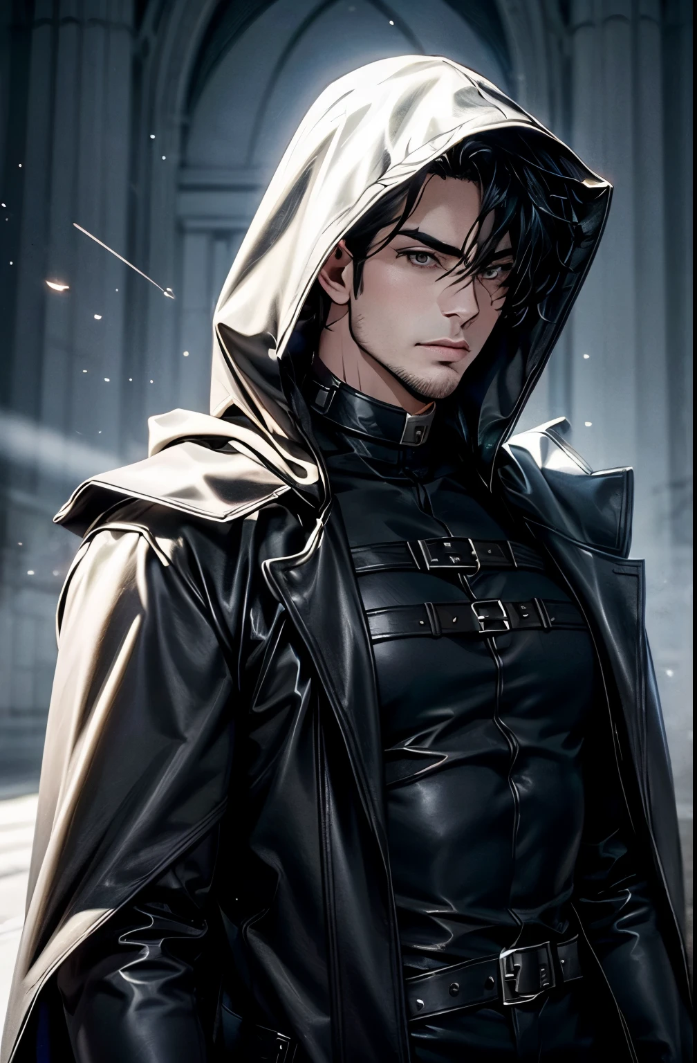 (absurderes, hight resolution, ultra-detailliert), 1 male, Adult, Handsome, High muscular face, broad shoulders, finely detailed eyes, Short black hair, Brown eyes, Black cloak, Wearing a hood, Leather Vest, Leather bag at waist........, 2 daggers on the belt, castle, Medieval atmosphere, Natural Light and Shadow, Bright particles fly around a person, Fantastic, Mysterious, Bright glow,  Seated Pose, Serious expression, Cold, thoughtful, Mouth Shut