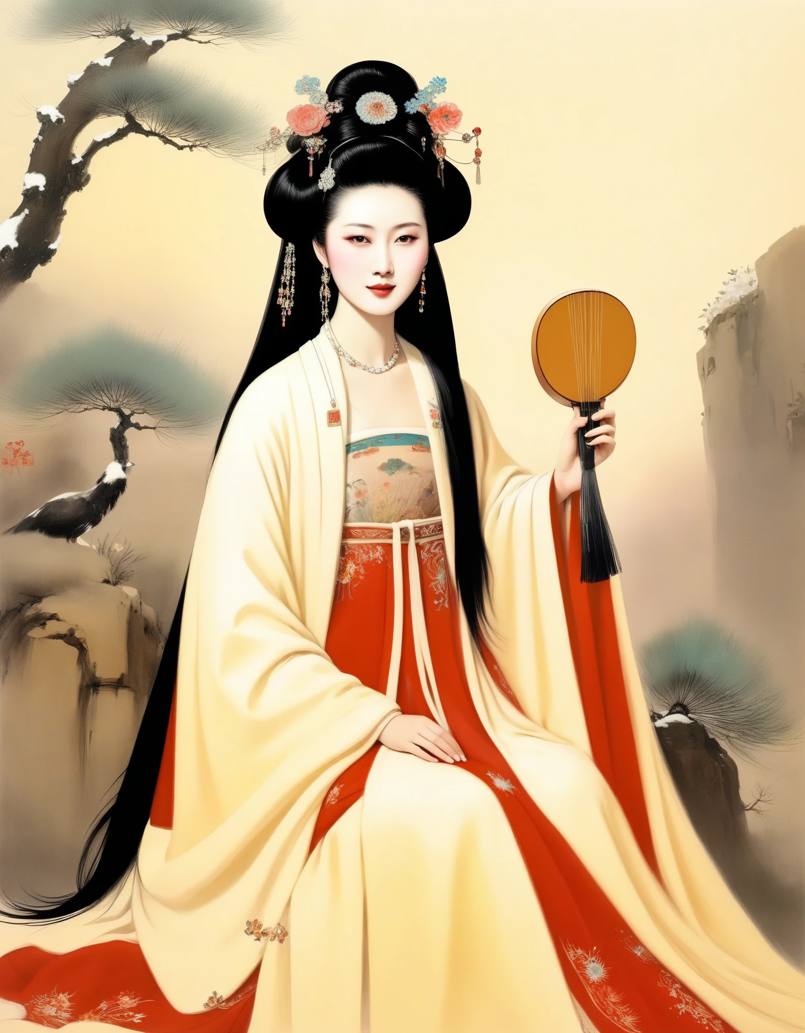 Wu Guanzhong，Beauty Queen Zhaojun of Han Dynasty, China，portrait，winter hooded cloak，ermine，Chinese lute，