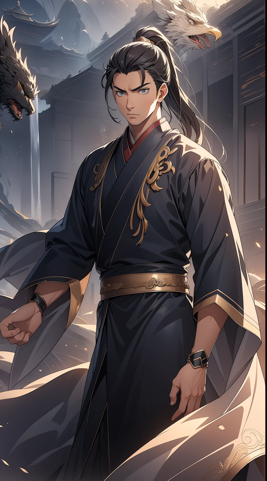 masterpiece, Excellent, daytime, 1 person, Chinese style, ancient China, Huating, eagle, turquoise brown hair, grey-blue eyes, split hair, long hair, long bangs, high ponytail, Handsome, Handsome, Serious, Moderate, High, quiet, dark clothes, gray blue clothes, Dark blue clothes, prince, sword, look down