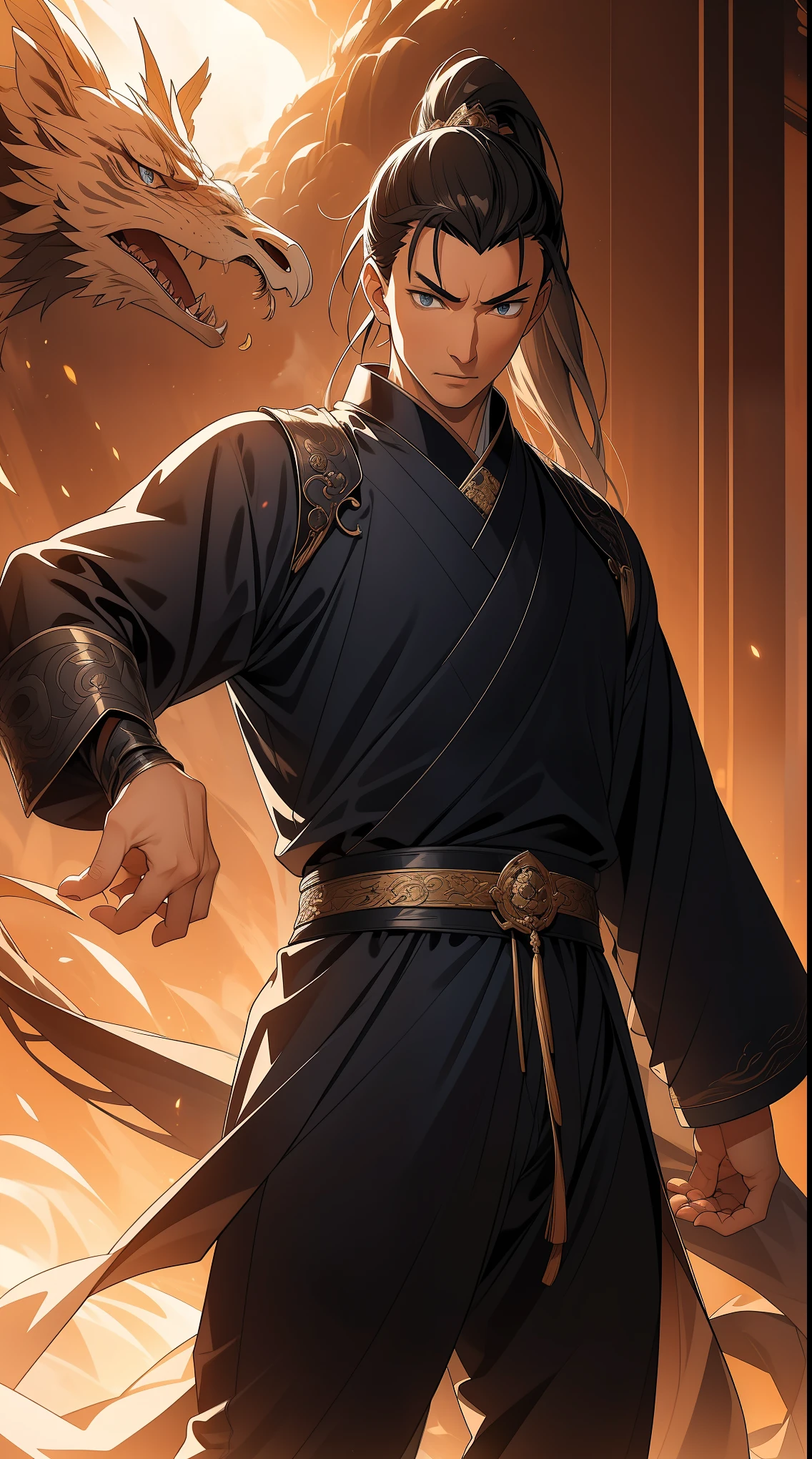 masterpiece, Excellent, daytime, 1 person, Chinese style, ancient China, Huating, eagle, turquoise brown hair, grey-blue eyes, split hair, long hair, long bangs, high ponytail, Handsome, Handsome, Serious, Moderate, High, quiet, dark clothes, gray blue clothes, Dark blue clothes, prince, sword, look down