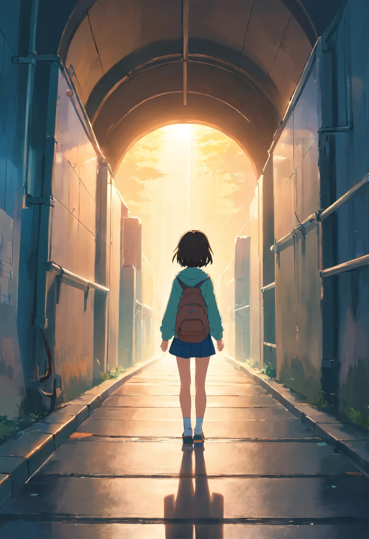 Here are the images of the young girl standing in front of the tunnel