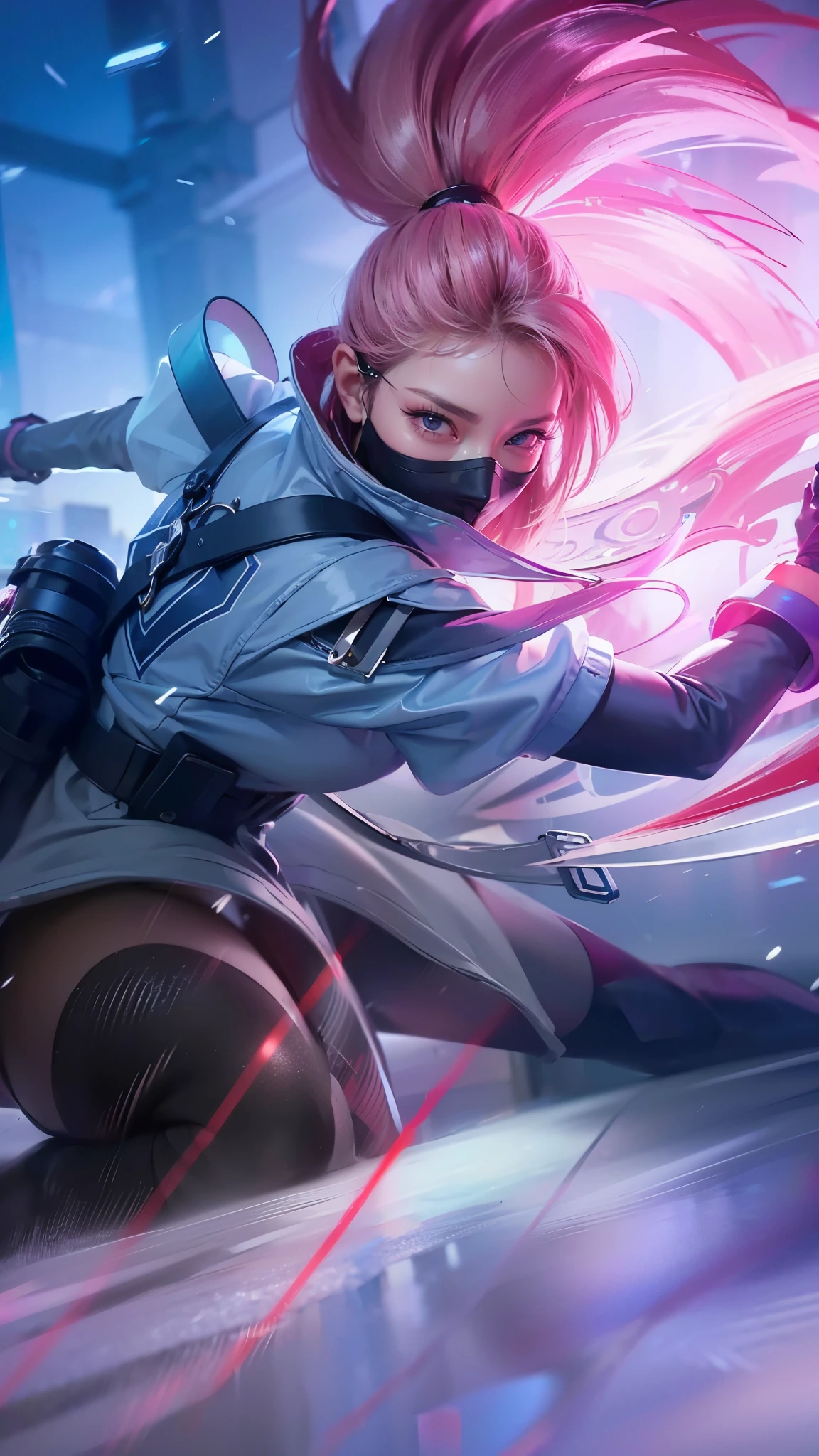 (female:1.2), 8k, ultra hd, ultra detailed texture, hyper realistic, masterpiece, detailed texture, detailed face, detailed skin, detailed lighting, (photorealistic:1.5), best quality, beautiful lighting, cinematic lighting, professional lighting, ultra highres, realistic, detailed hair, real hair, high quality, (realskin:1.5), extremely detailed, finely detail, ultra-detailed, 1girl, solo, standing, demon horns, forehead protector, v-shapped eyebrow, nose, make up, pretty, beautiful, cute face, long hair, pink hair, high ponytail, large breasts, cleavage, armpit, navel, stomach, black armor, pauldrons, bare shoulders, shoulder armor, thigh high, sleevless, detached sleeves, breastplate, gauntlets, karina \(mobile legends\), depth of field, looking aways, white skin, skin tight, amazing pose, outdoors, glowing, dark view, (wearing a mask:1.2)