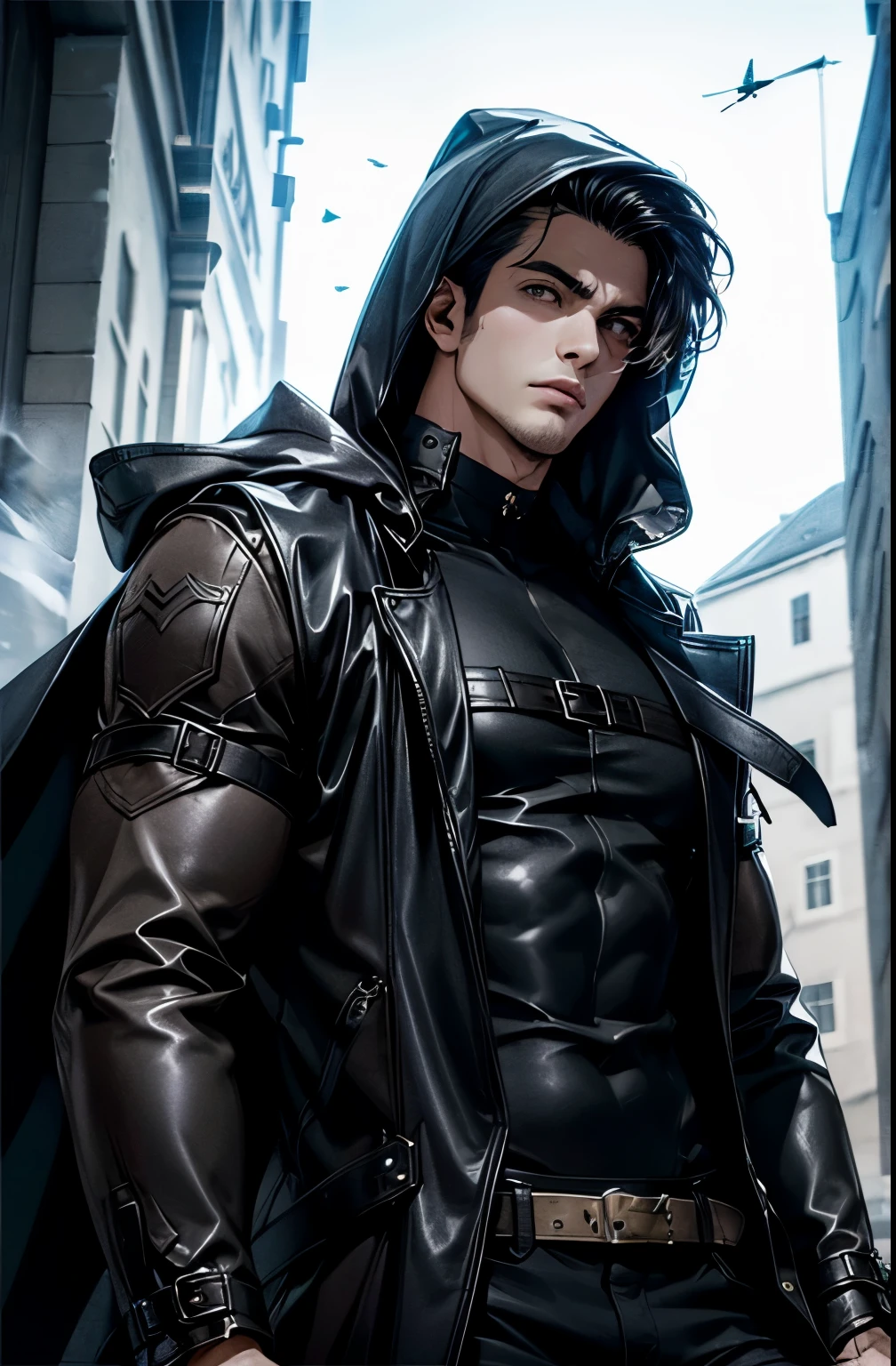 (absurderes, hight resolution, ultra-detailliert), 1 male, Adult, Handsome, High muscular face, broad shoulders, finely detailed eyes, Short black hair, Brown eyes, Black cloak, Wearing a hood, Leather Vest, Leather bag at waist........, 2 daggers on the belt, castle, Medieval atmosphere, Natural Light and Shadow, Bright particles fly around a person, Fantastic, Mysterious, Bright glow, Seated Pose, Serious expression, Cold, thoughtful, Mouth Shut