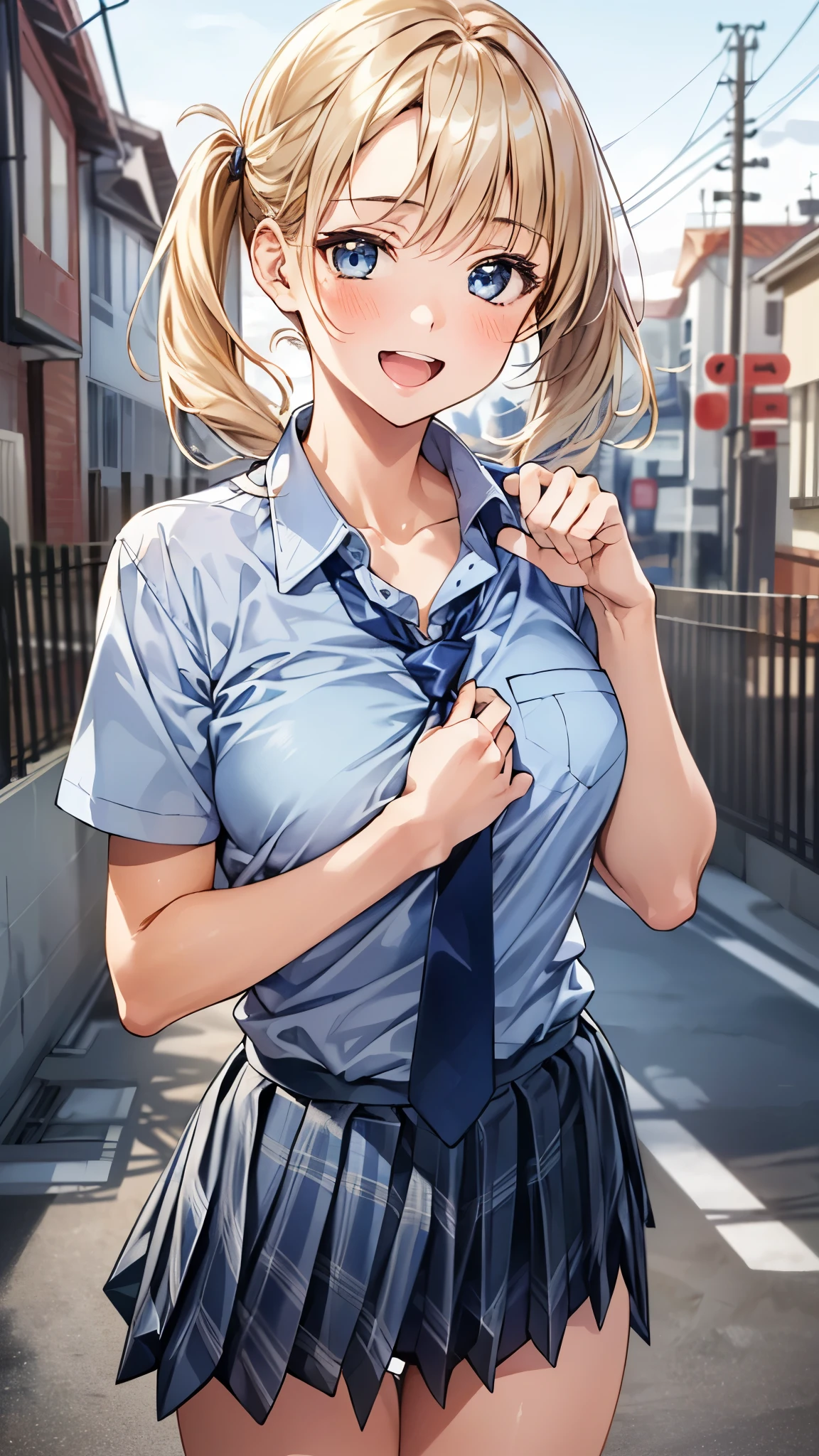 (masterpiece:1.3, top-quality, ultra high res, ultra detailed), (realistic:1.1, photorealistic:1.4), beautiful illustration, perfect lighting, colorful, depth of fields,
beautiful detailed hair, beautiful detailed face, beautiful detailed eyes, beautiful clavicle, beautiful body, beautiful chest, beautiful thigh, beautiful legs, beautiful fingers,
looking at viewer, 1 girl, japanese, high school girl, perfect face, (perfect anatomy, anatomically correct), cute and symmetrical face, babyface, suntan, shiny skin,
(middle hair:1.5, twintails:1.2, blonde hair), asymmetrical bangs, blue eyes, long eye lasher, (medium breasts), slender,
((collared short sleeve shirt, light blue shirt, school uniform, grey plaid pleated skirt, navy tie)), light blue panties,
(beautiful scenery), evening, (outdoors, cityscape in the distance), standing, (paw pose), (lovely smile, upper eyes, open mouth),