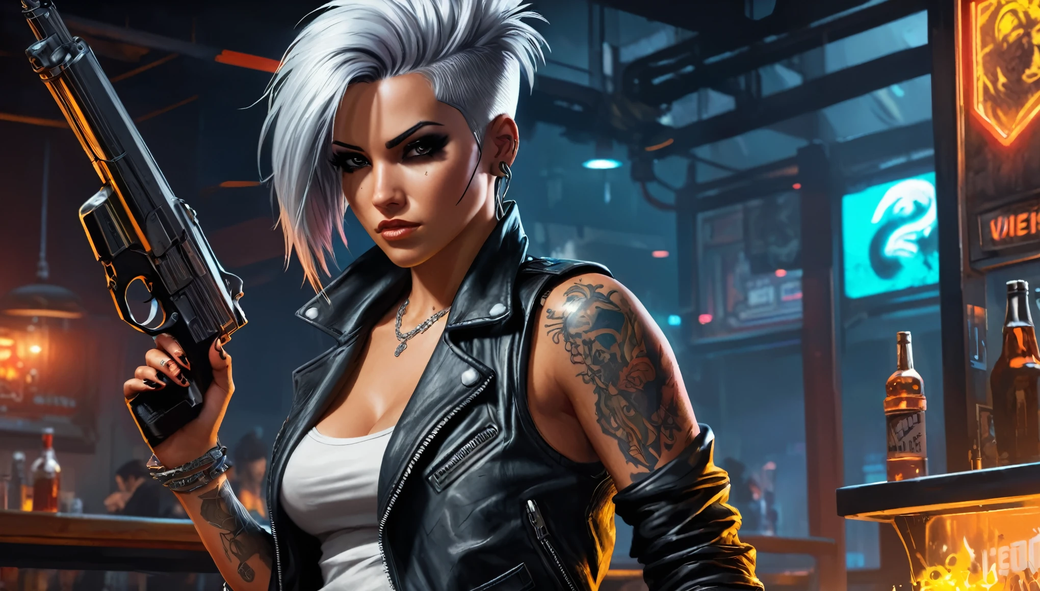 Cyberpunk 2020, Cyberpunk, young Rogue Amendiares from Cyberpunk, Perfect Face, Perfect body, leather jacket, white tank top , jeans, punks hairstyle, silver hair color, dark makeup, tattoos, hold big gun in hand, stands back and looks over her shoulder at the viewerthe legend ,Afterlife bar Interior, INK, Splash Art, Sharp Focus, Smoke, Sparks, Painting Concept ART of Detailed Character, 4K, comic style