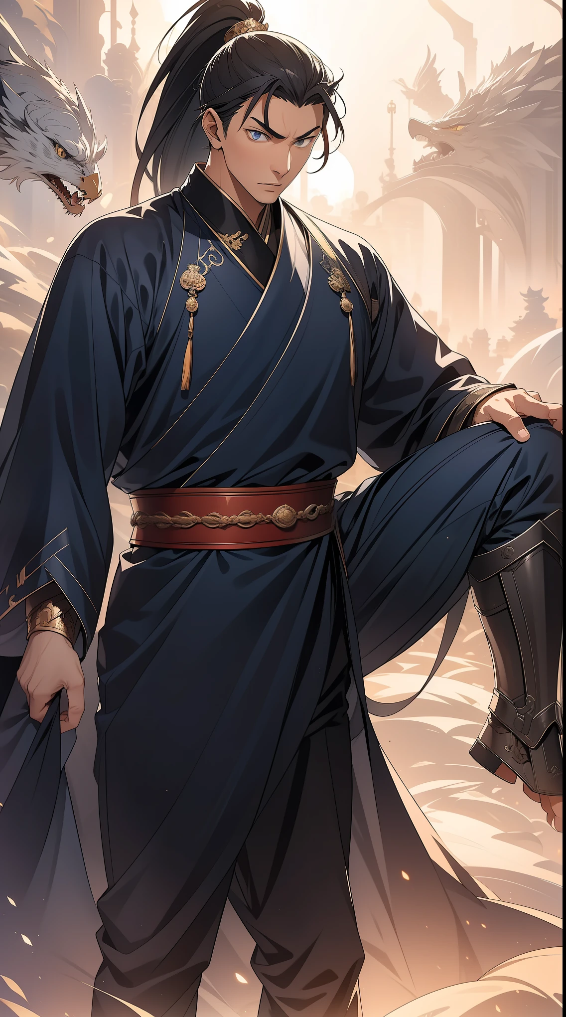 masterpiece, Excellent, daytime, 1 person, Chinese style, ancient China, Huating, eagle, turquoise brown hair, grey-blue eyes, split hair, long hair, long bangs, high ponytail, Handsome, Handsome, Serious, Moderate, High, quiet, dark clothes, gray blue clothes, Dark blue clothes, prince, sword, look down