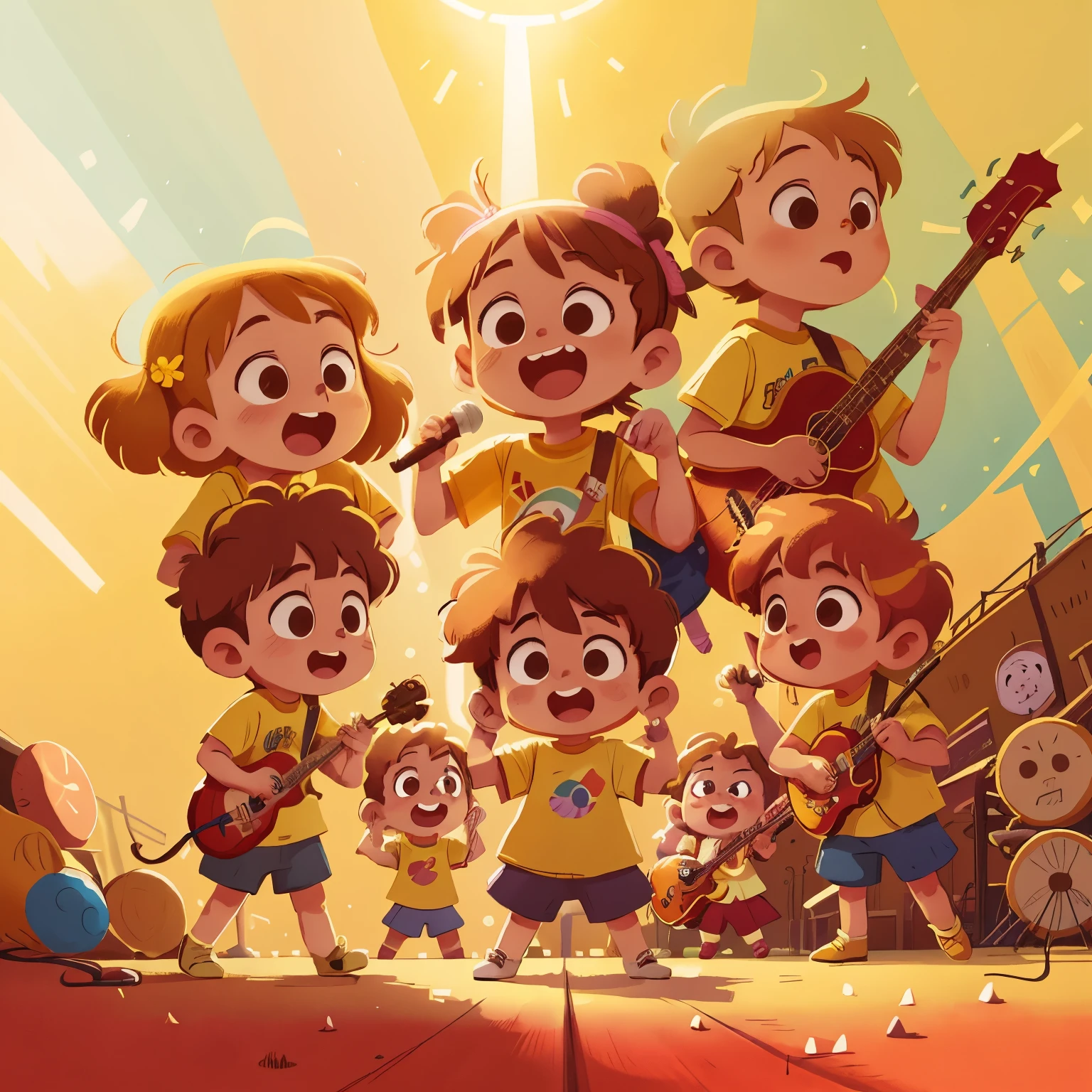 Anak band (Children's Band)

A lively group of children, each holding a musical instrument in their tiny hands, form an animated circle on the stage. With bright eyes, full of excitement, they sing and play in sync, creating a melodic symphony that fills the room. The sunlight filters in through the venue's large windows, casting a warm, golden glow over their uplifted faces. The band consists of young boys and girls, each wearing colorful band t-shirts, showcasing their pride and joy in their shared musical passion.

The air is thick with anticipation and wonder, as the audience– consisting of parents, friends, and fellow students– watches with pride