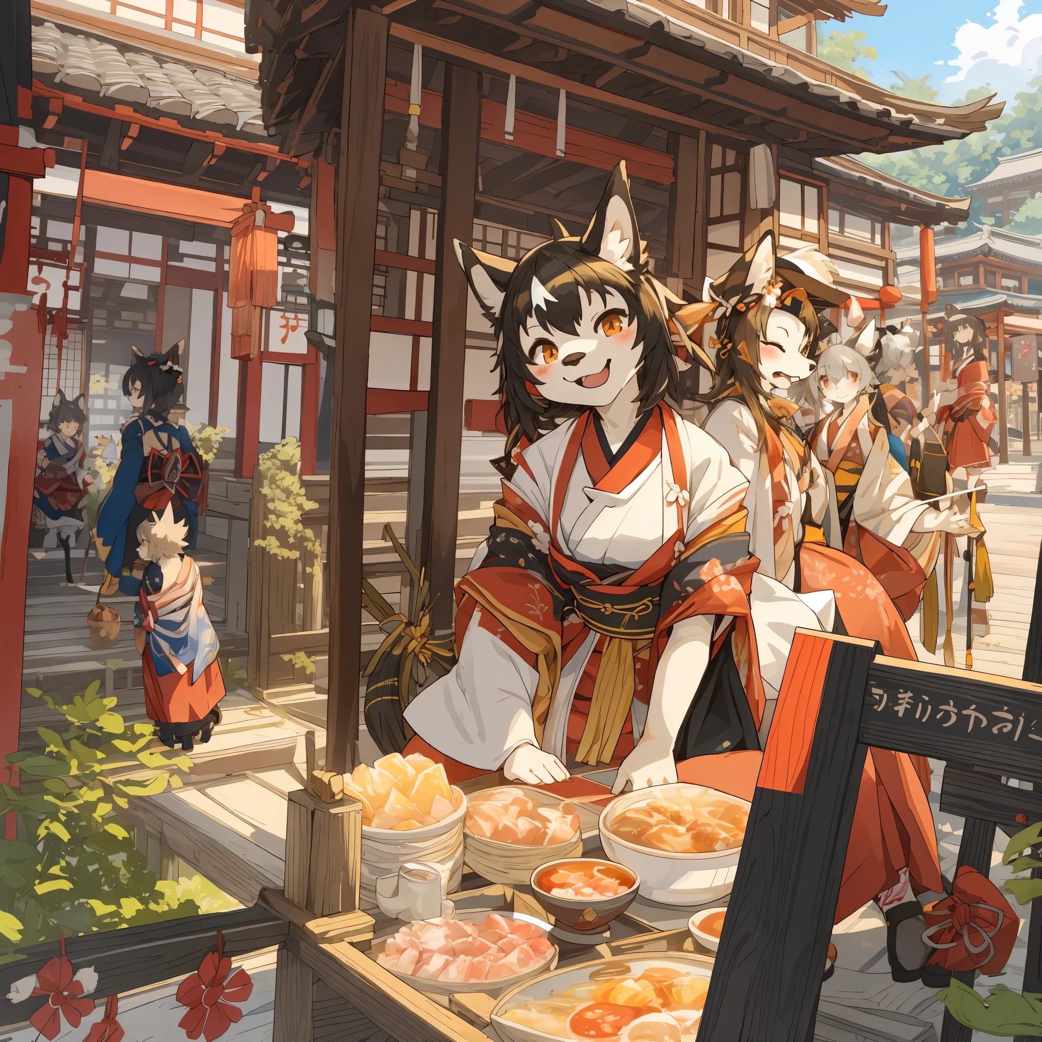 top quality, best quality, High-quality illustrations, masterpiece, super high resolution, detailed background, 6+girls, japanese festival, absurdres, perfect anatomy(kemono)(furry anthro)happy, selfie,